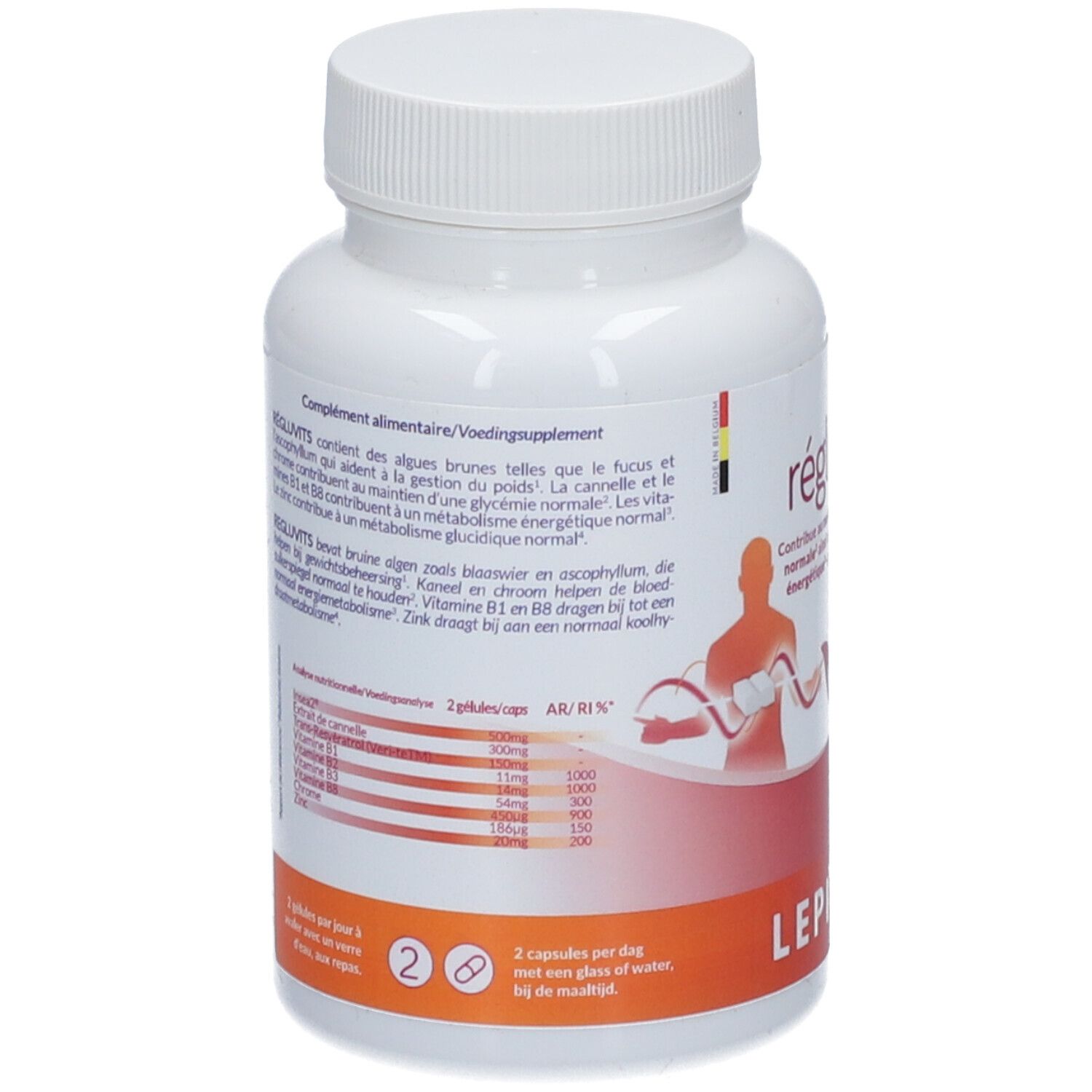 Dos du flacon blanc RégluVits. Informations sur les ingrédients et le dosage. LepiVits.
