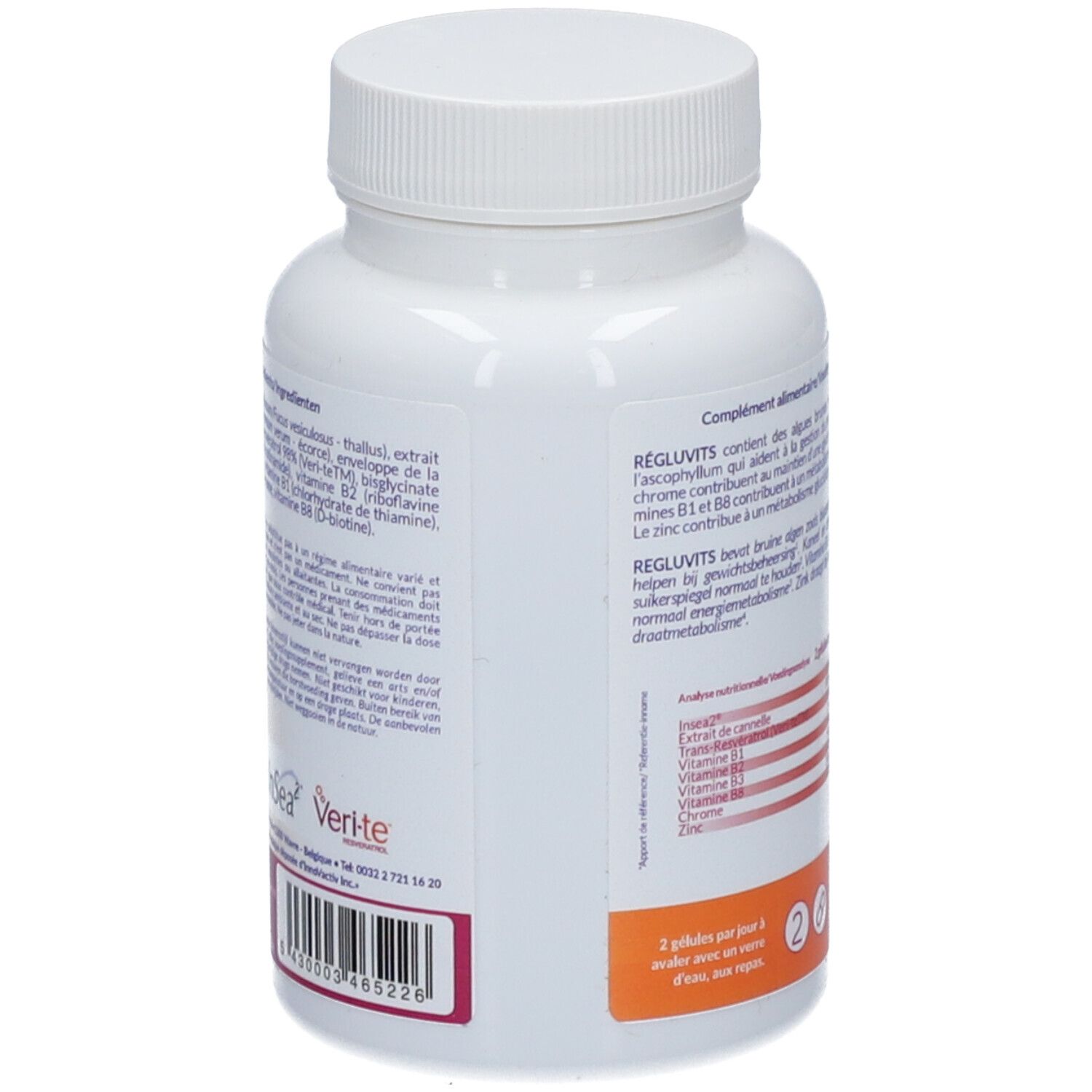 Dos du flacon blanc RégluVits. Informations sur les ingrédients et le dosage. Logo Verite.