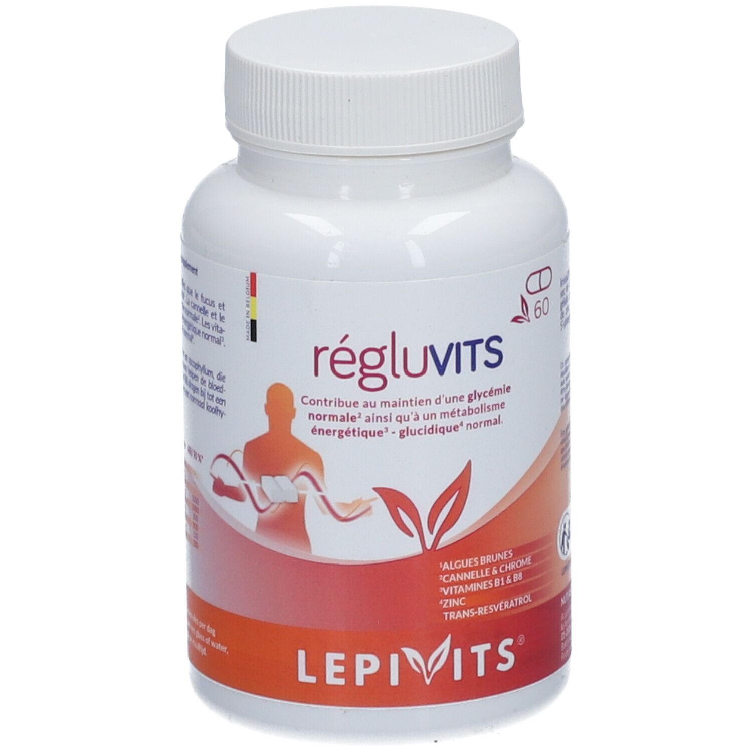 Flacon blanc de RégluVits, 60 gélules. Inscriptions : LepiVits, RégluVits. Contient algues brunes, cannelle, chrome, vitamines.