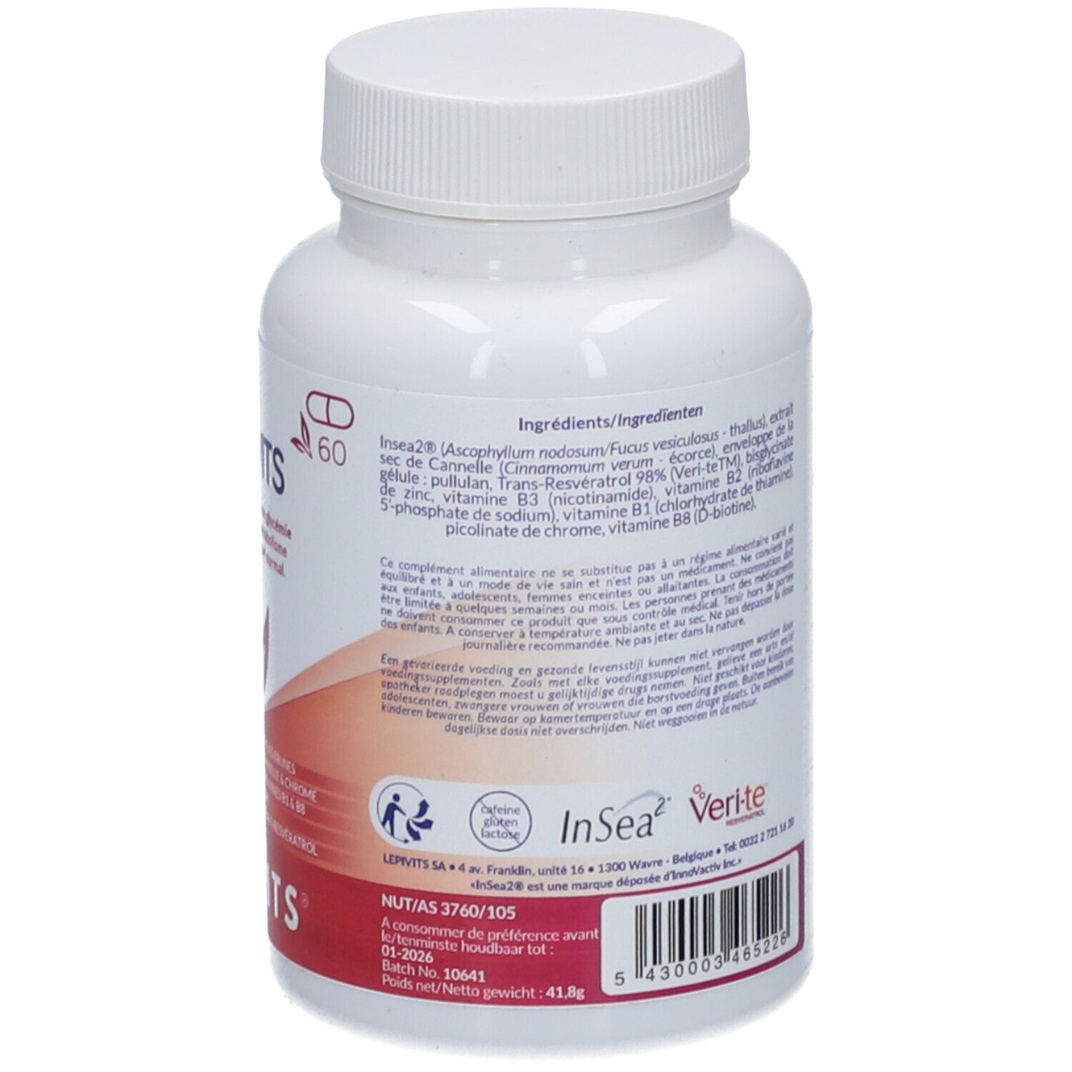 Dos du flacon blanc RégluVits. Informations sur les ingrédients et le dosage. Logo InSea2 Verite.
