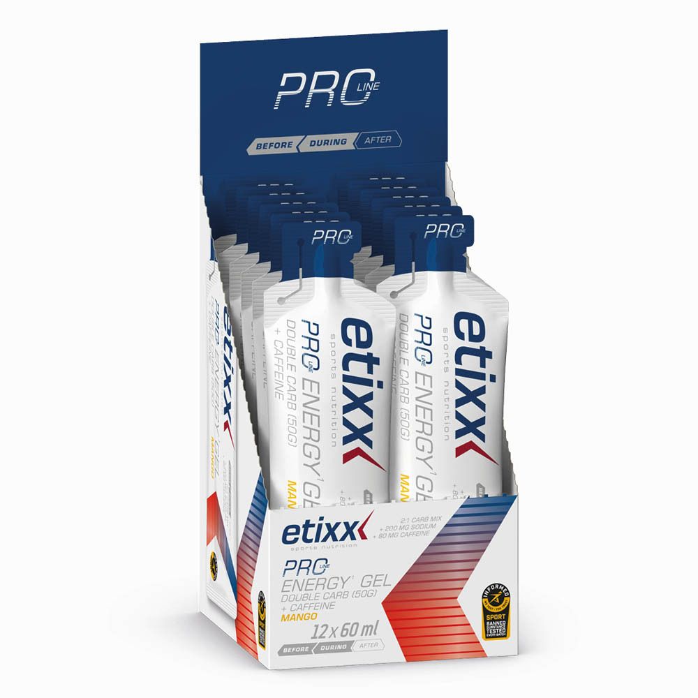 Etixx Pro Energy Gel display. 12 gels. Mangosmaak. Individuele gelverpakkingen in een display.