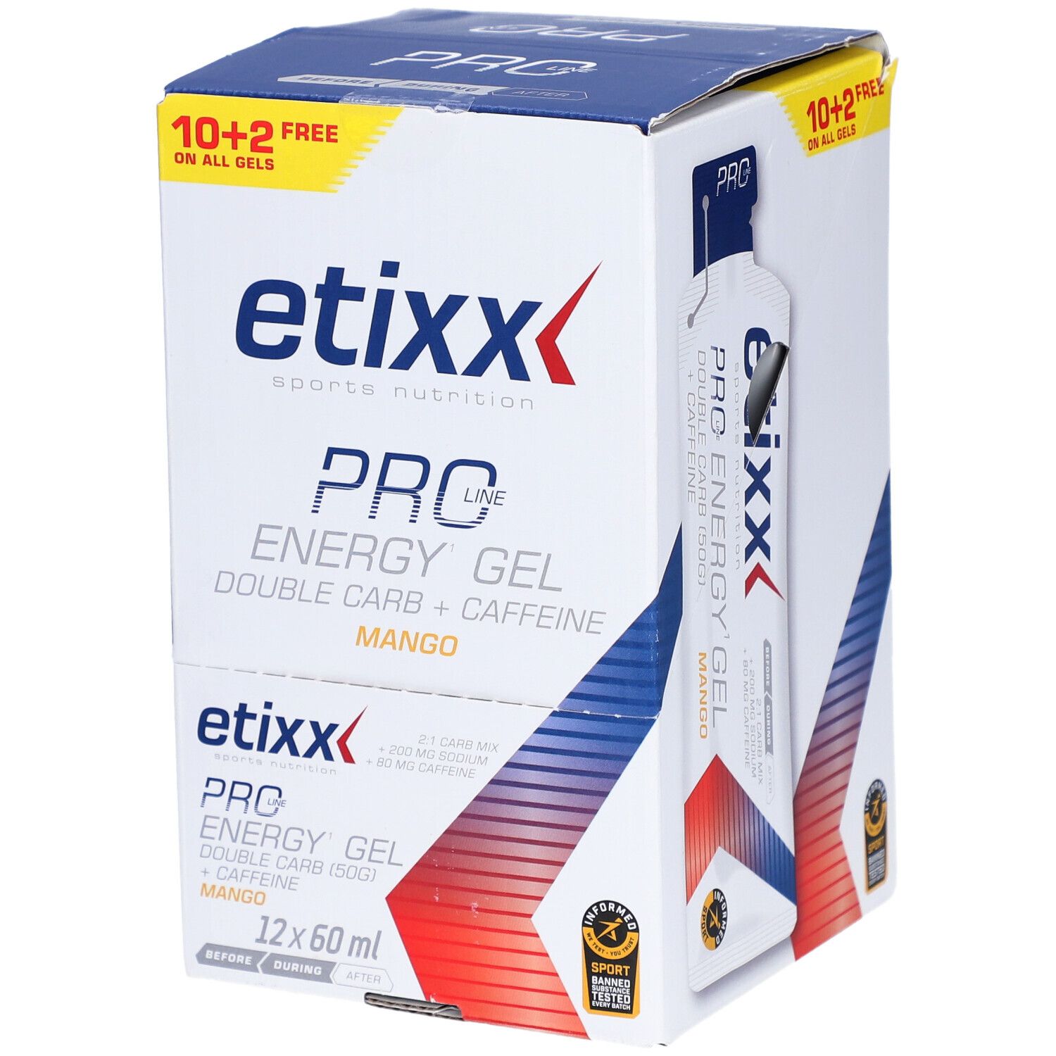 Etixx Pro Energy Gel doos. 12 gels. Mangosmaak. Blauw-witte verpakking met logo en productinformatie.