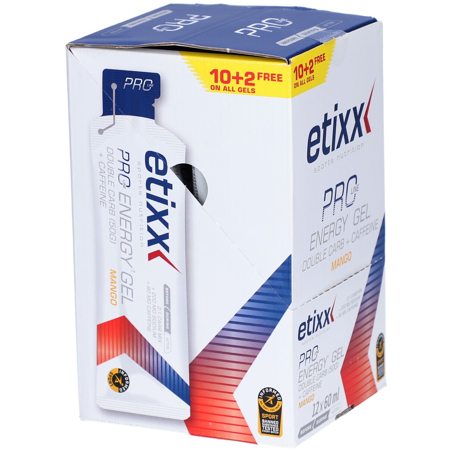 Etixx Pro Energy Gel doos. 12 gels. Mangosmaak. Gelverpakking steekt uit de verpakking.
