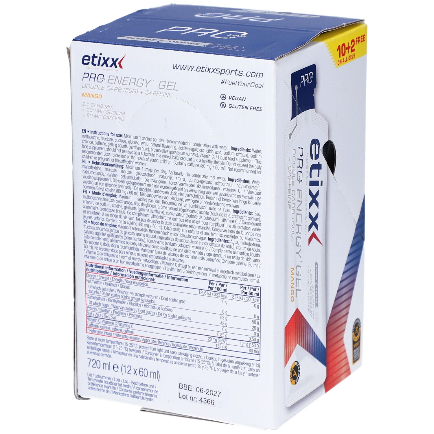 Etixx Pro Energy Gel doos. 12 gels. Mangosmaak. Achterkant met productinformatie en voedingswaarden.