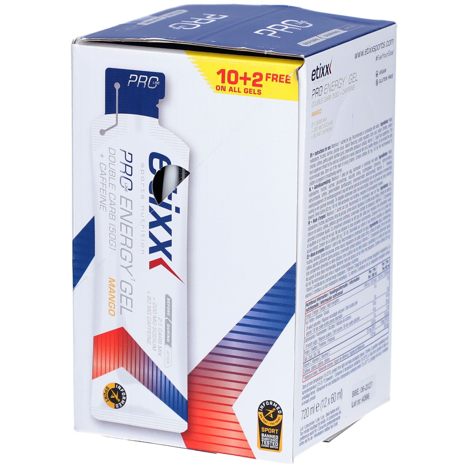 Etixx Pro Energy Gel doos. 12 gels. Mangosmaak. Gelverpakking steekt uit de verpakking.