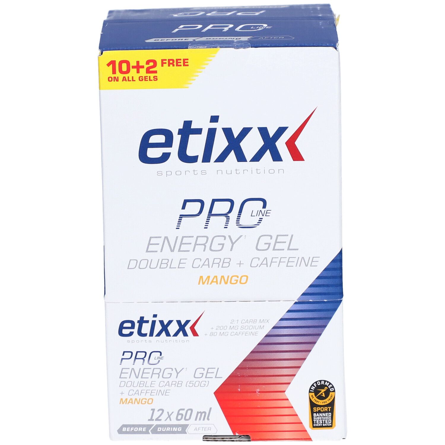 Etixx Pro Energy Gel doos. 12 gels. Mangosmaak. Blauw-witte verpakking met logo en productinformatie.
