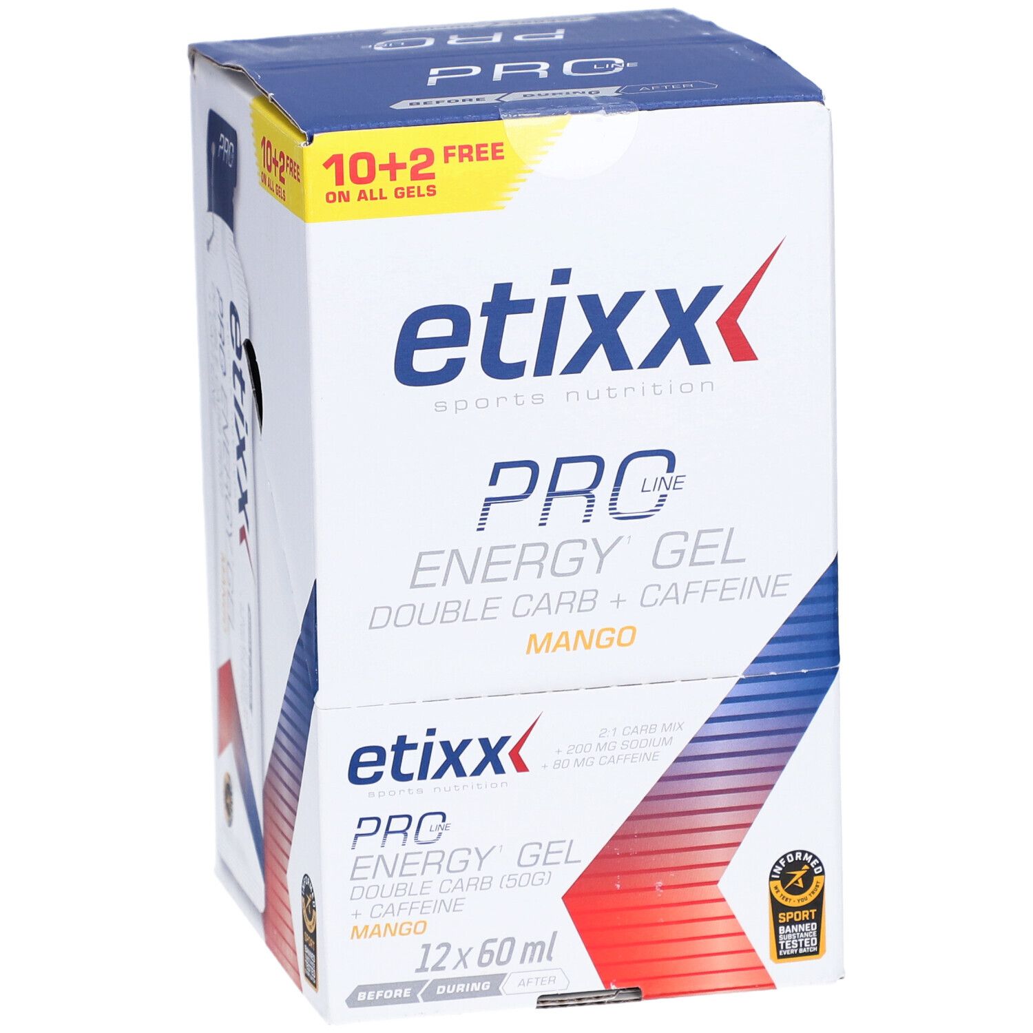 Etixx Pro Energy Gel doos. 12 gels. Mangosmaak. Blauw-witte verpakking met logo en productinformatie.
