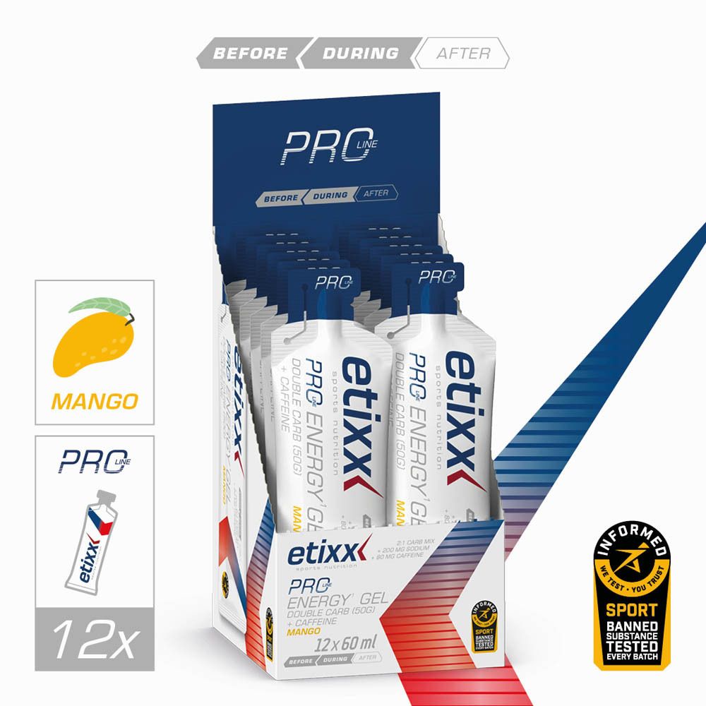 Etixx Pro Energy Gel, individuele verpakking. Mangosmaak. Gelverpakking met productinformatie en logo.