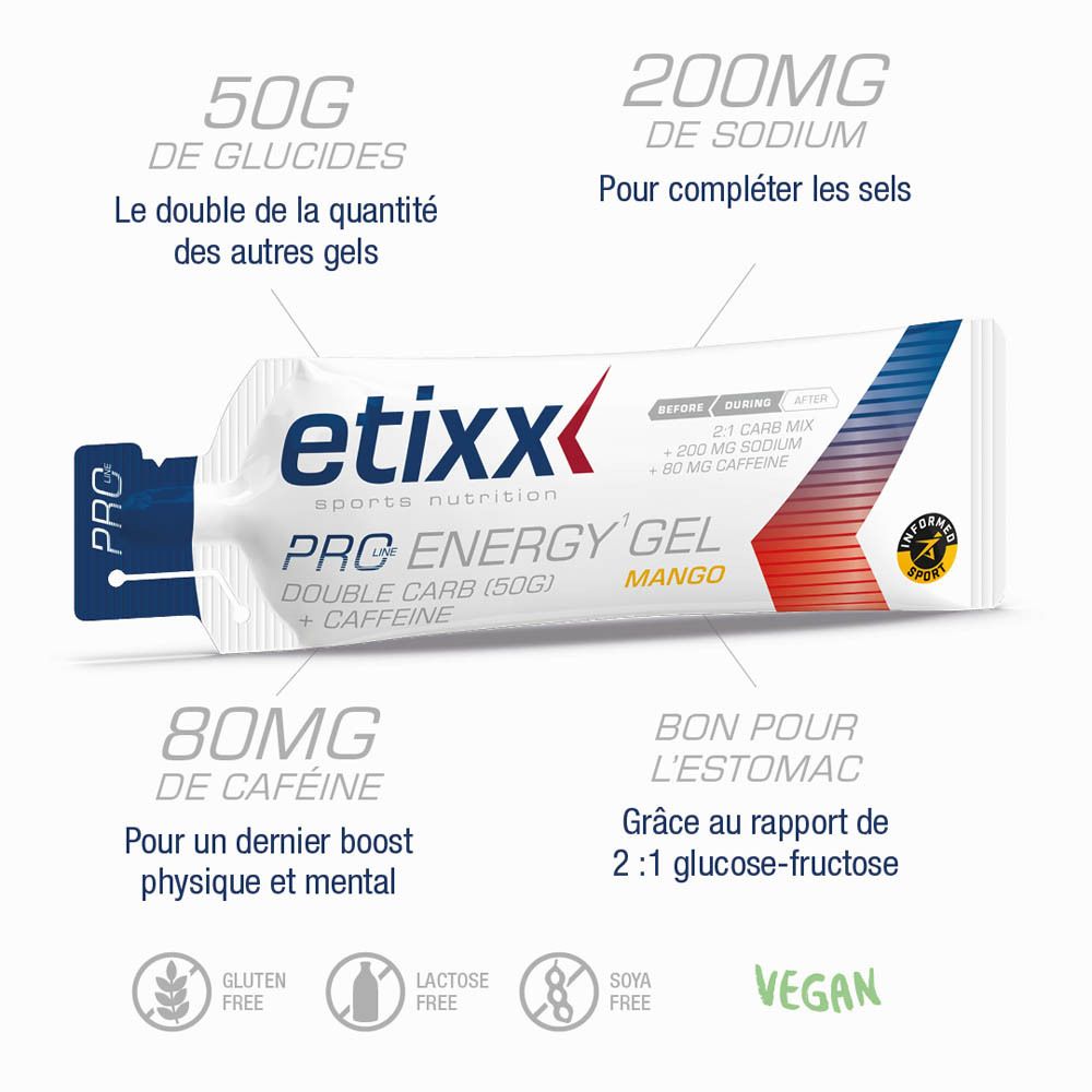 Etixx Pro Energy Gel, emballage individuel. Saveur mangue. Sachet de gel avec informations produit et logo.