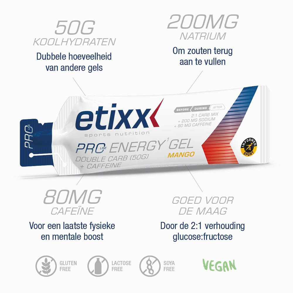 Etixx Pro Energy Gel, individuele verpakking. Mangosmaak. Gelverpakking met productinformatie en logo.