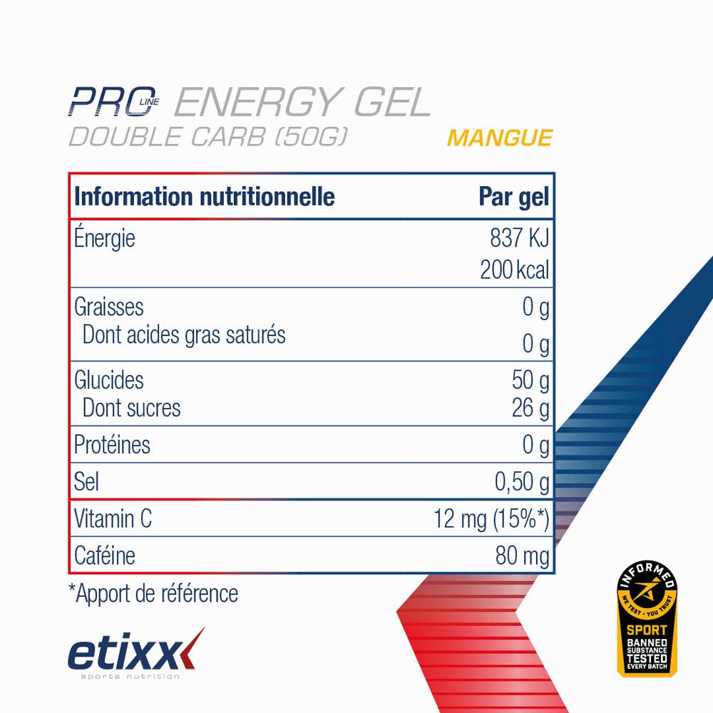 Etixx Pro Energy Gel, cycliste. Saveur mangue. Cycliste avec sachet de gel et citation.