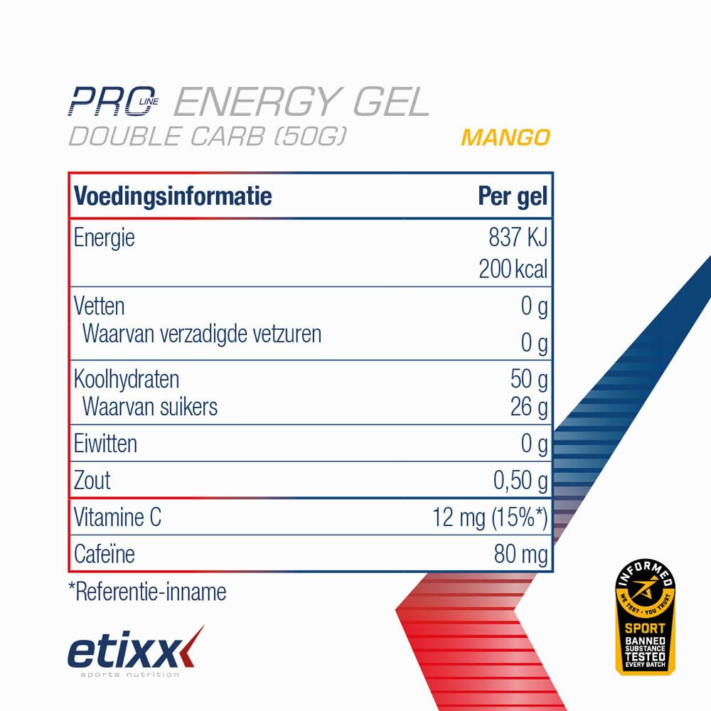 Etixx Pro Energy Gel, fietser. Mangosmaak. Fietser met gelverpakking en citaat.