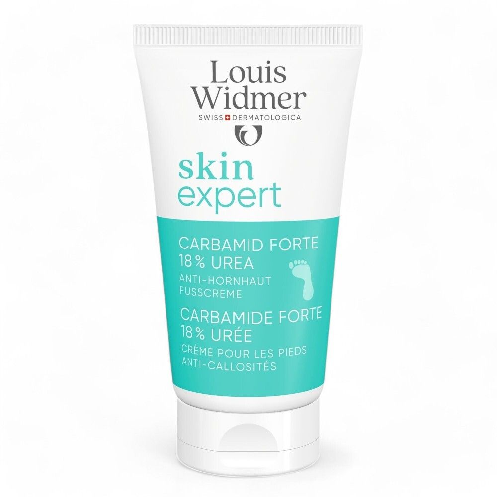 Tube de crème Louis Widmer. Texte: Skin Expert Carbamide Forte 18% Urée. Crème pour les pieds anti-callosités.
