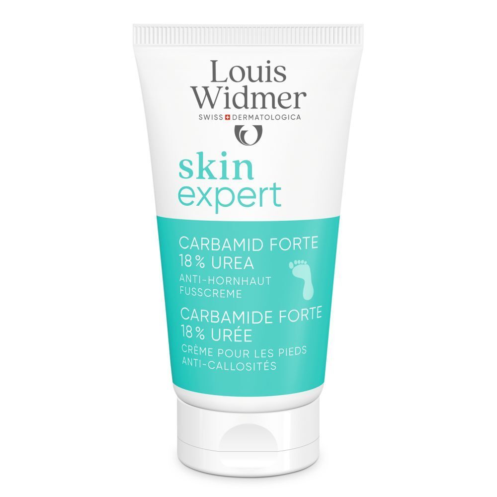 Tube de crème Louis Widmer. Texte: Skin Expert Carbamide Forte 18% Urée. Crème pour les pieds anti-callosités.