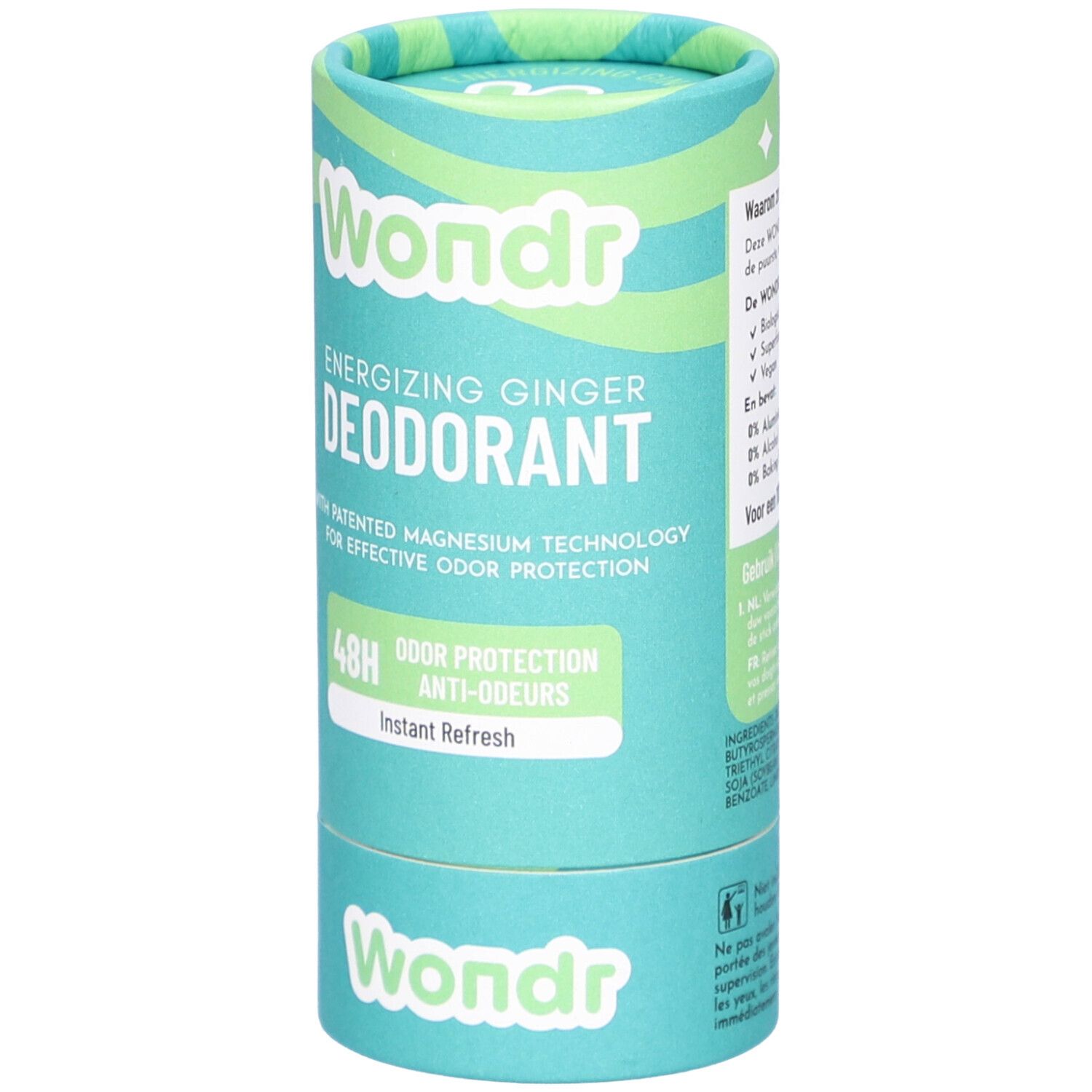 Zylindrische Verpackung von Déodorant Wondr Instant Refresh. Türkis mit grünen Akzenten. Schriftzug Wondr und Produktinformationen.