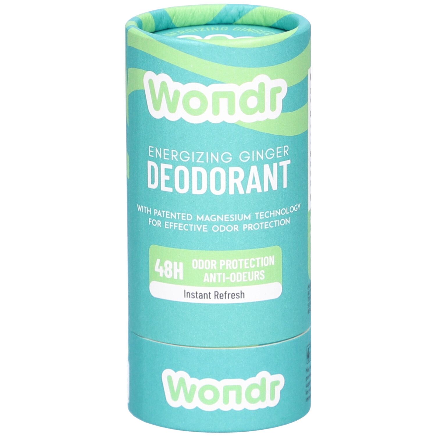 Zylindrische Verpackung von Déodorant Wondr Instant Refresh. Türkis mit grünen Akzenten. Schriftzug Wondr und Produktinformationen.