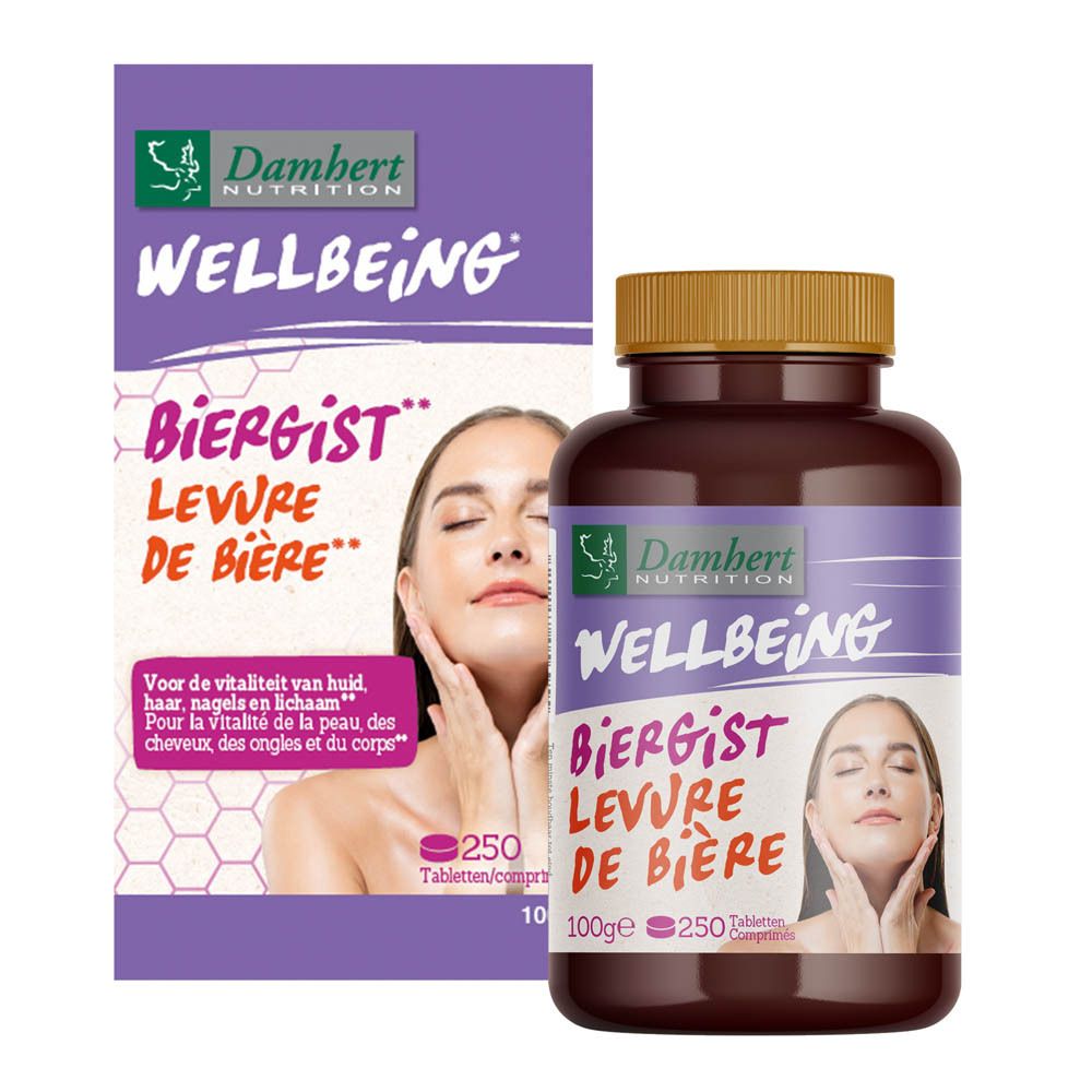 Produit et emballage. Bouteille brune et boîte violette. Nom du produit et visage de femme. 250 comprimés.