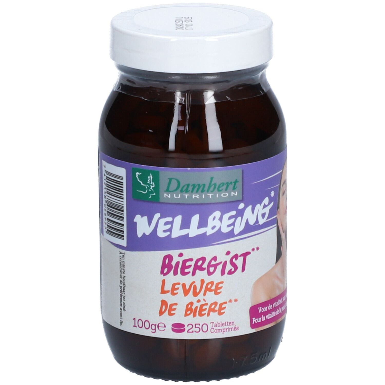 Flacon en verre brun avec couvercle blanc. Étiquette avec nom du produit et informations. 250 comprimés.