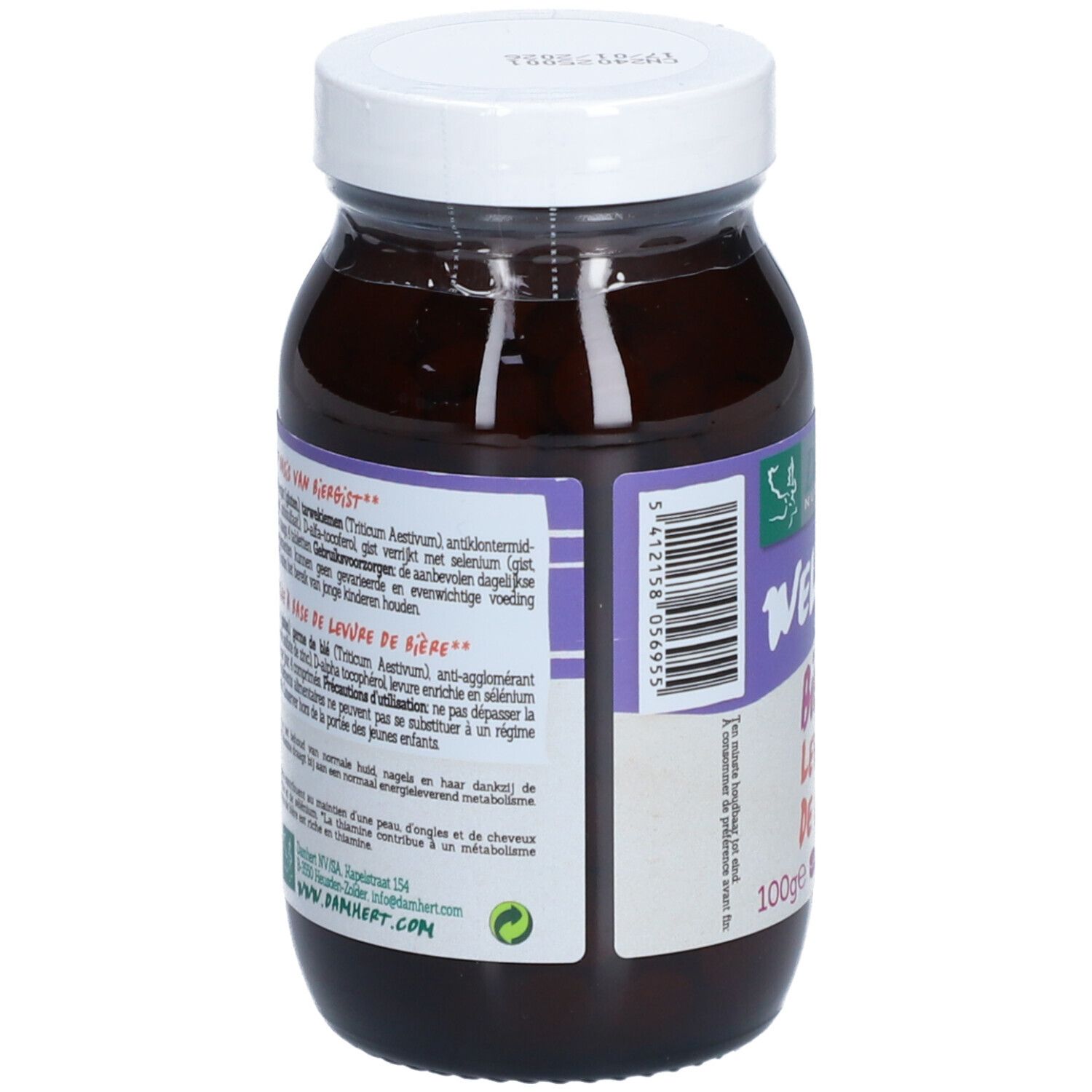 Dos d'une bouteille en verre brun avec couvercle blanc. Étiquette avec informations et ingrédients du produit.