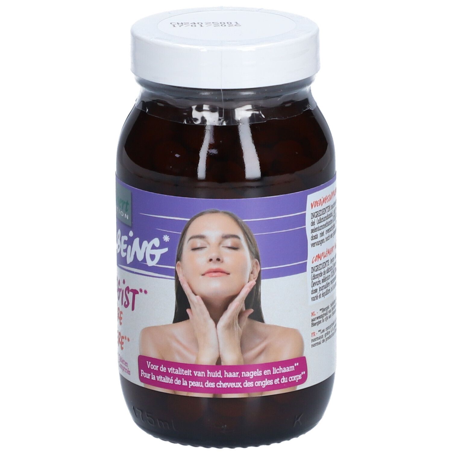 Flacon en verre brun avec couvercle blanc. Étiquette avec nom du produit et visage de femme. Pour peau, cheveux, ongles.