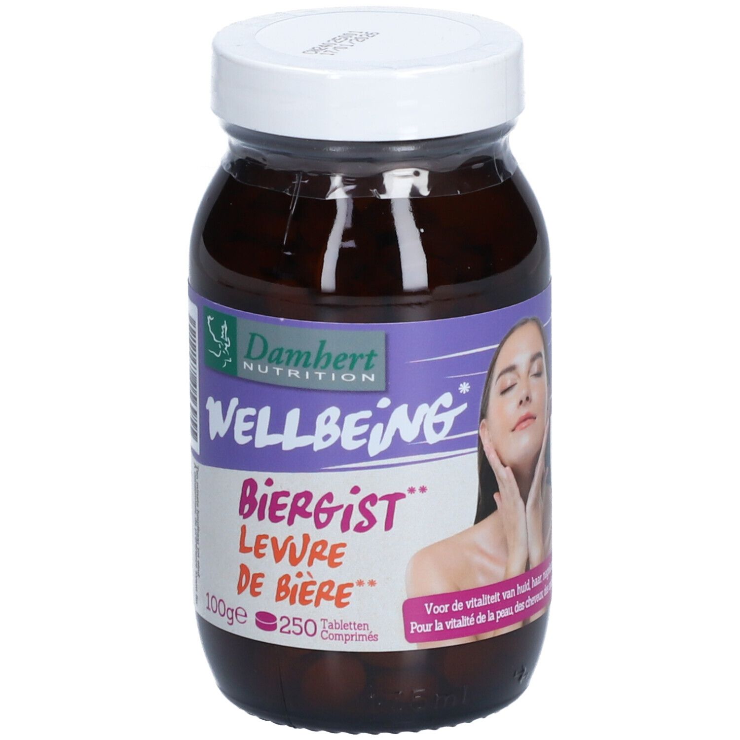 Flacon en verre brun avec couvercle blanc. Étiquette avec nom du produit et visage de femme. 250 comprimés.