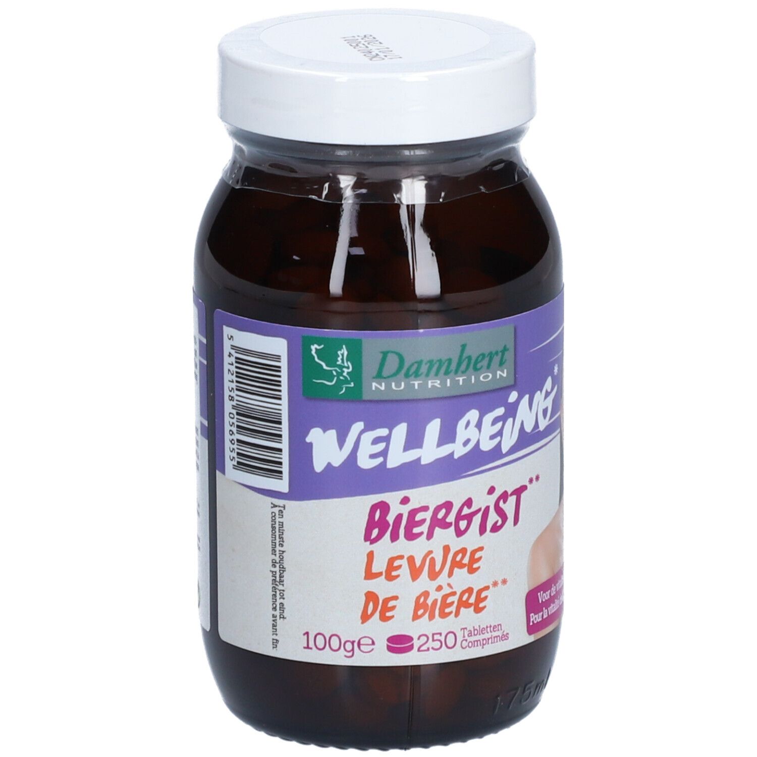 Flacon en verre brun avec couvercle blanc. Étiquette avec nom du produit et visage de femme. 250 comprimés.