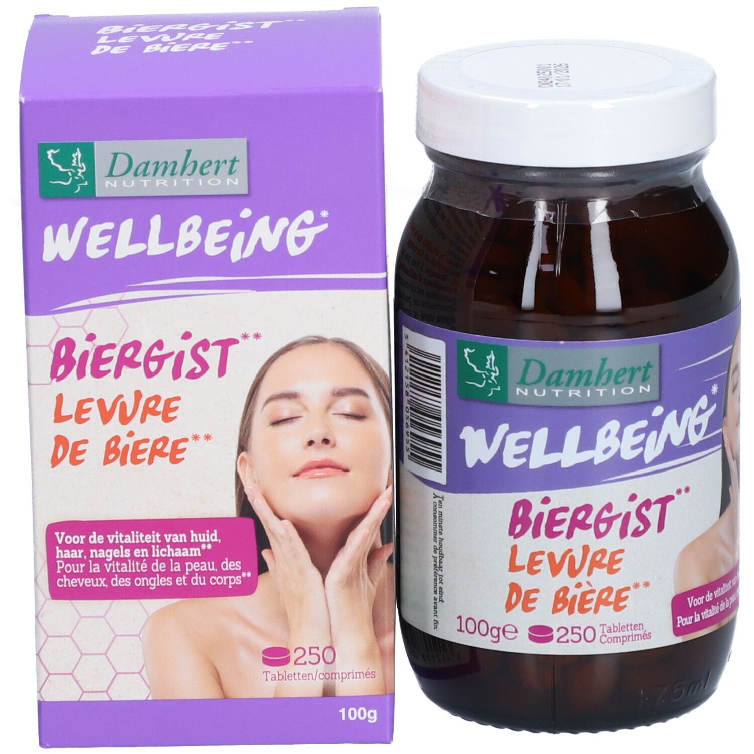 Produit et emballage. Bouteille brune et boîte violette. Nom du produit et visage de femme. 250 comprimés.