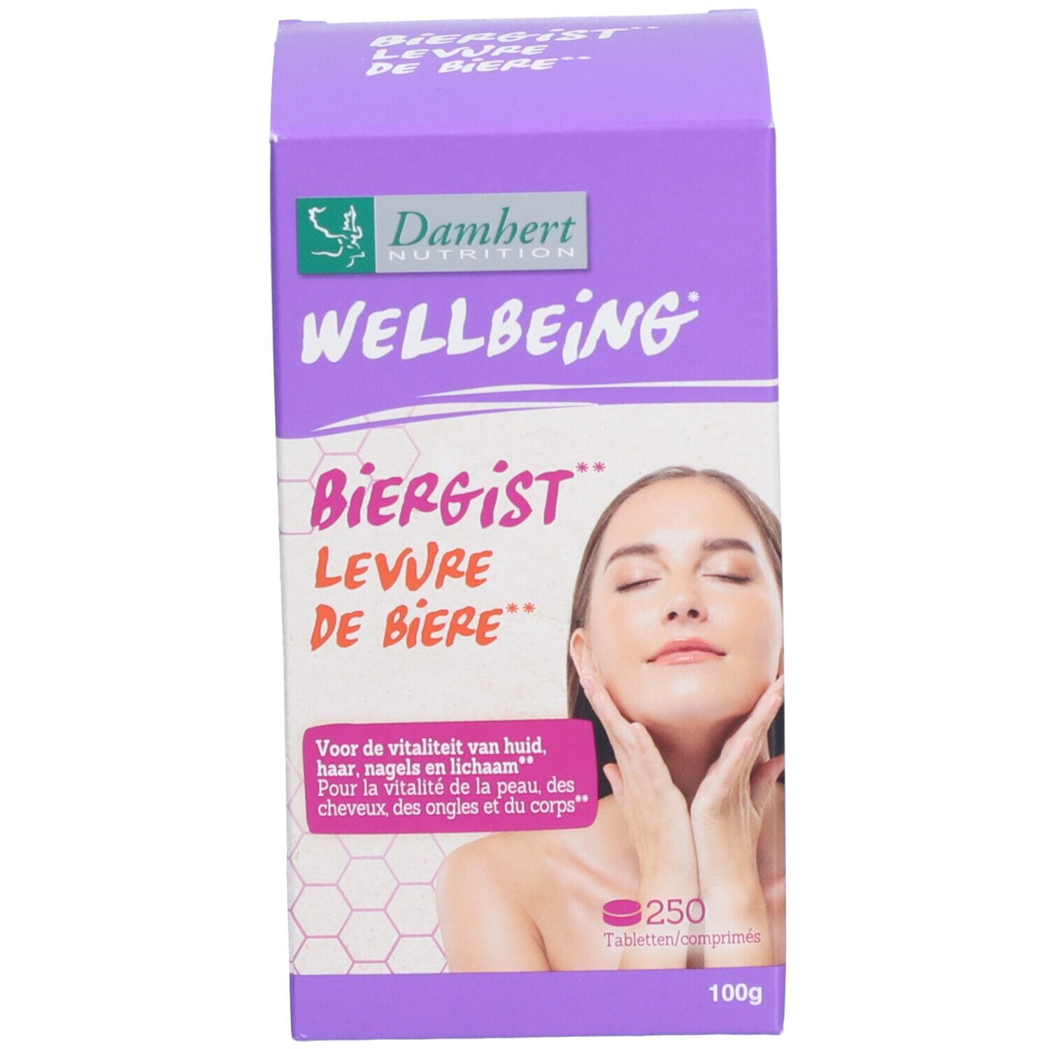 Boîte violette avec nom du produit et visage de femme. 250 comprimés. Pour peau, cheveux, ongles.