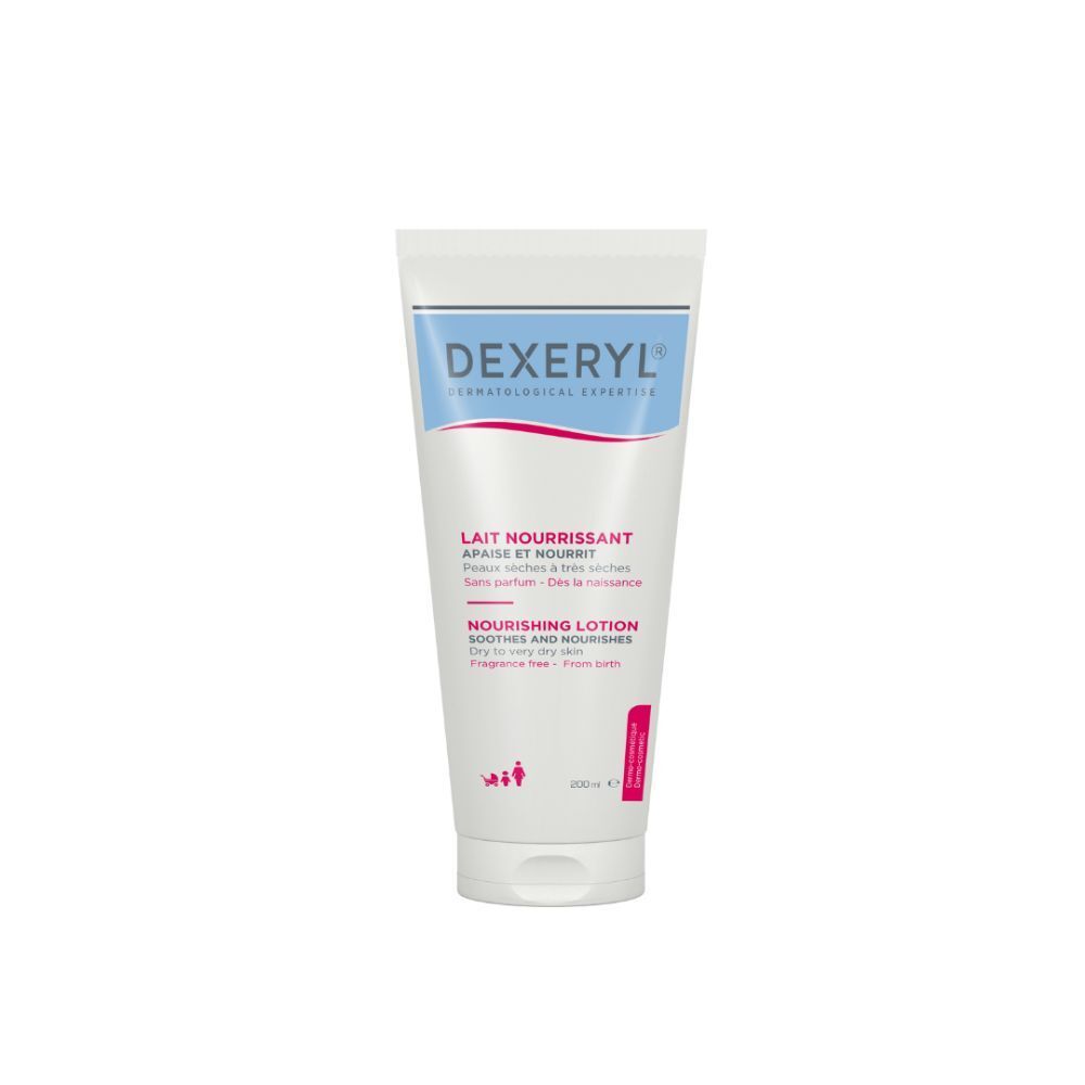Tube blanc avec texte bleu et rouge. DEXERYL, Lait Nourrissant, Nourishing Lotion. Sans parfum.