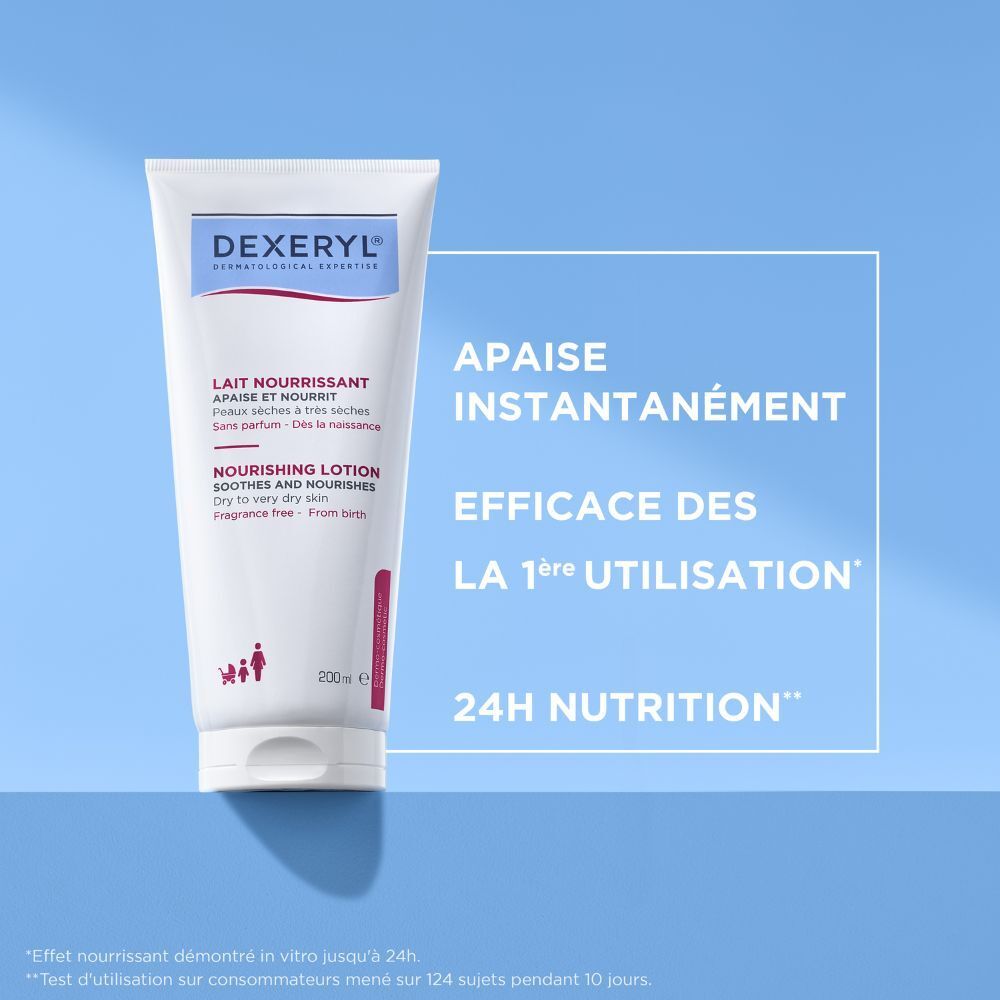 Tube avec nom du produit et texte en français. Lait Nourrissant, Peaux sèches à très sèches, Sans parfum.