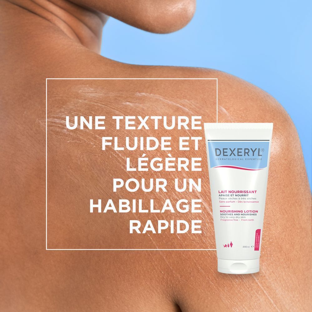 Tube avec nom du produit et texte en français. Lait Nourrissant, Peaux sèches à très sèches, Sans parfum.
