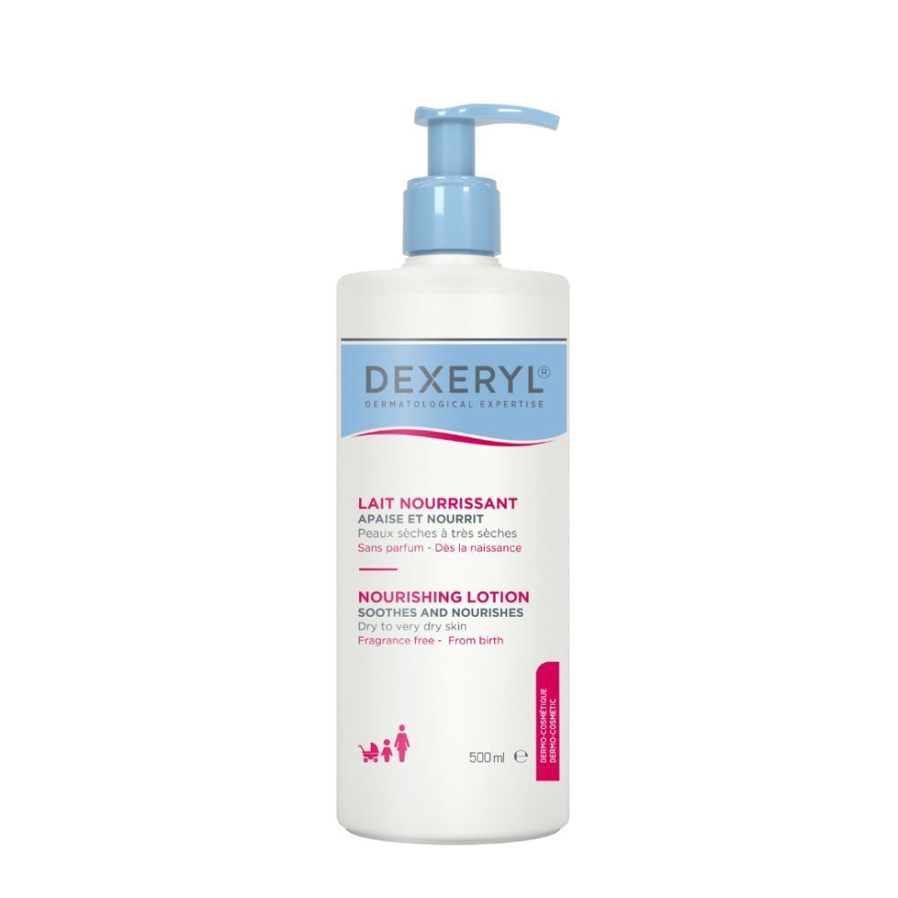 Flacon de lotion Dexeryl. Pompe bleue. Inscription: Lait Nourrissant, Nourishing Lotion.