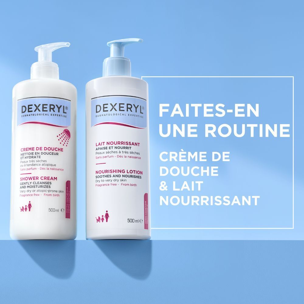 Flacon de lotion Dexeryl. Pompe bleue. Inscription: Lait Nourrissant, Nourishing Lotion.