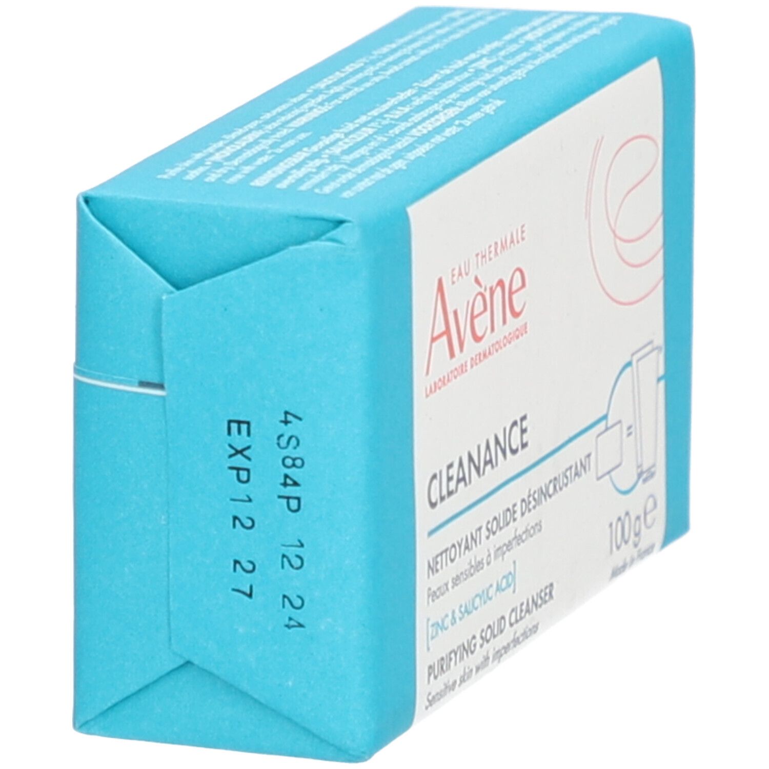 Savon solide emballé en turquoise. Inscription : Avène Cleanance, nettoyant solide. 100g. Date d'expiration.