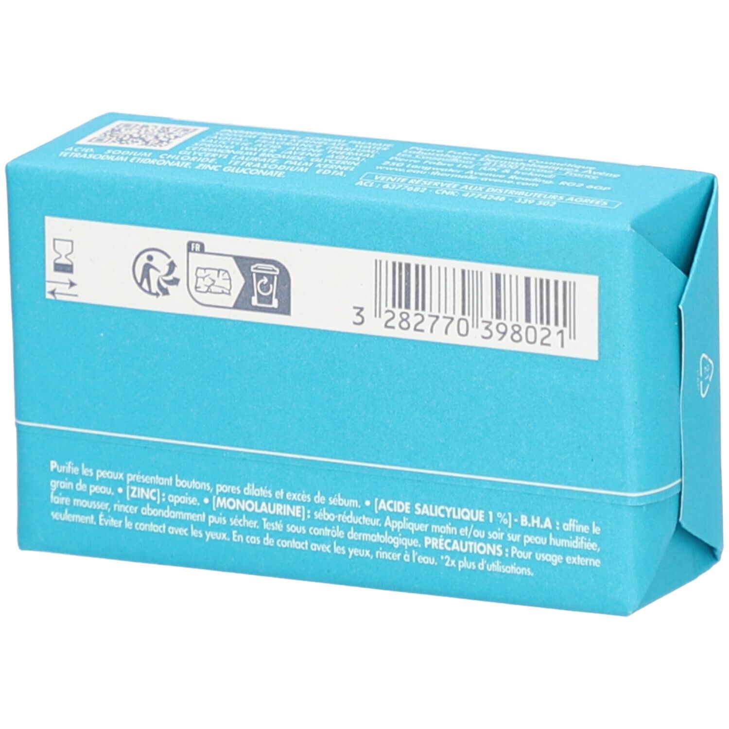 Dos du savon emballé en turquoise. Code-barres et texte. Inscription : Avène Cleanance.