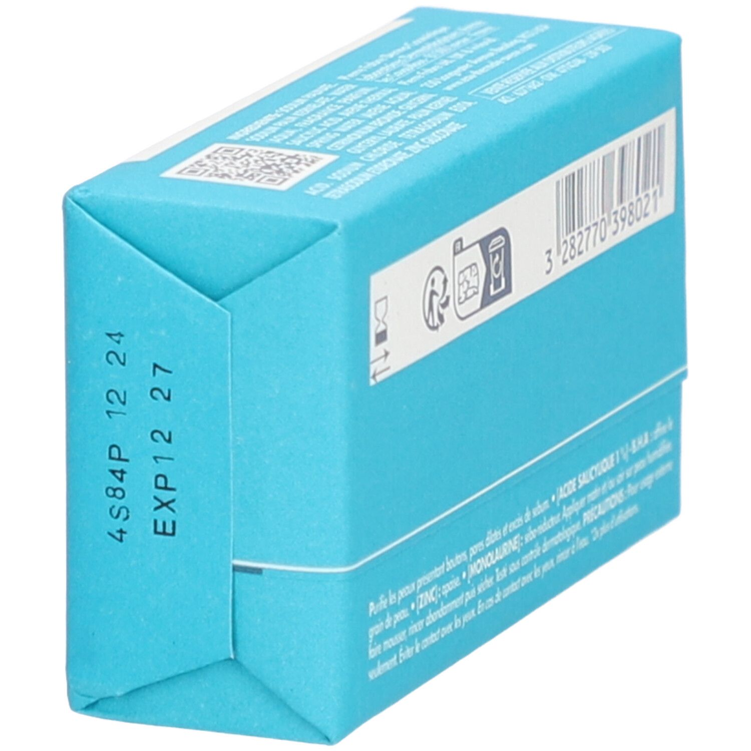 Dos du savon emballé en turquoise. Code-barres et texte. Inscription : Avène Cleanance.