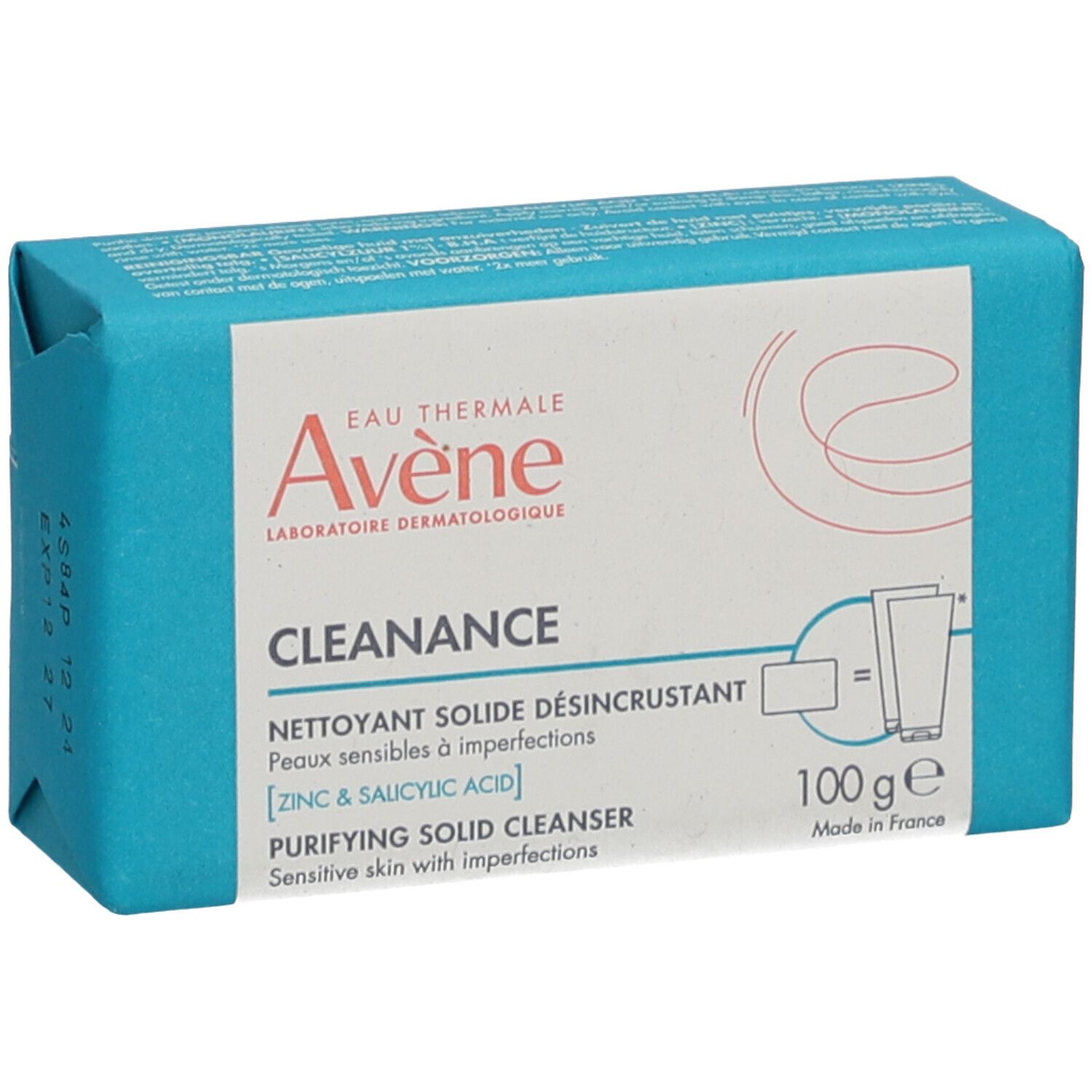 Savon solide emballé en turquoise. Inscription : Avène Cleanance, nettoyant solide. 100g.