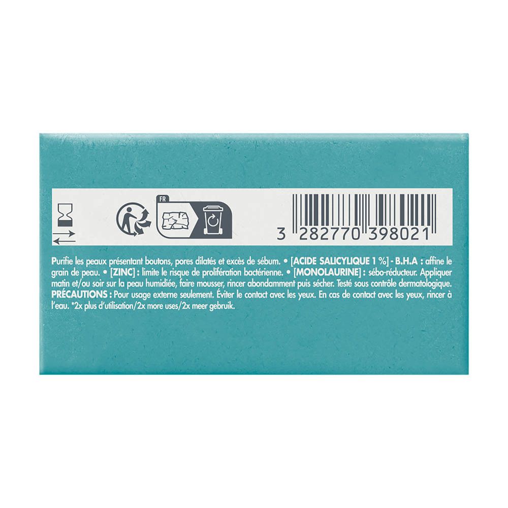 Dos du savon emballé en turquoise. Code-barres et texte. Inscription : Avène Cleanance.