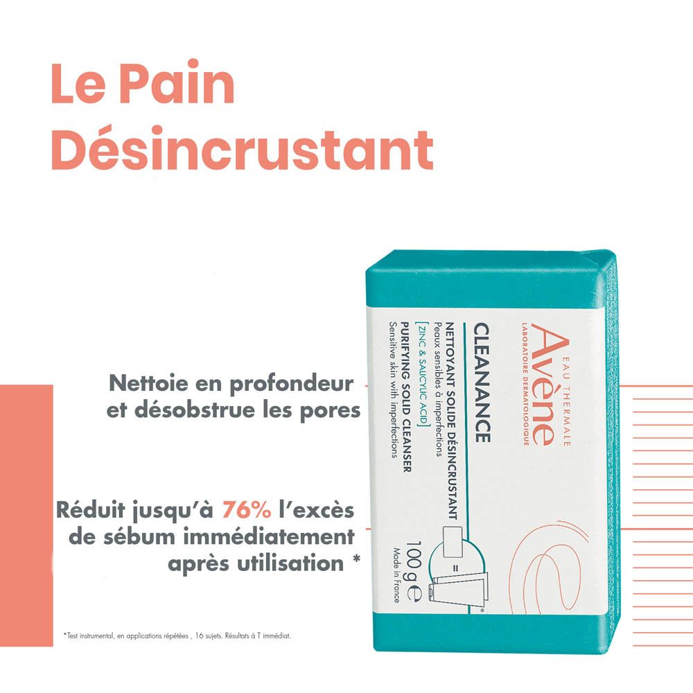 Visuel publicitaire. Savon emballé en turquoise. Inscription : Avène Cleanance, nettoyant solide. 100g.