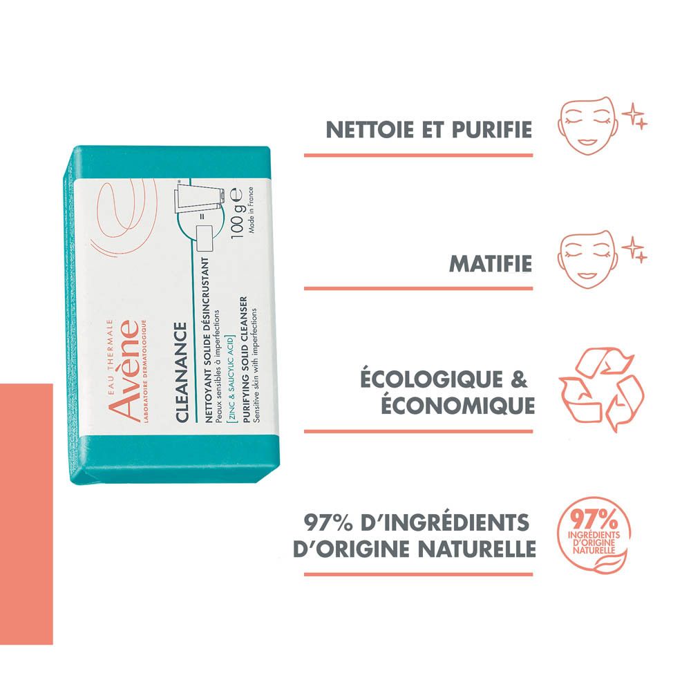 Visuel publicitaire. Savon emballé en turquoise. Inscription : Avène Cleanance, nettoyant solide. 100g.