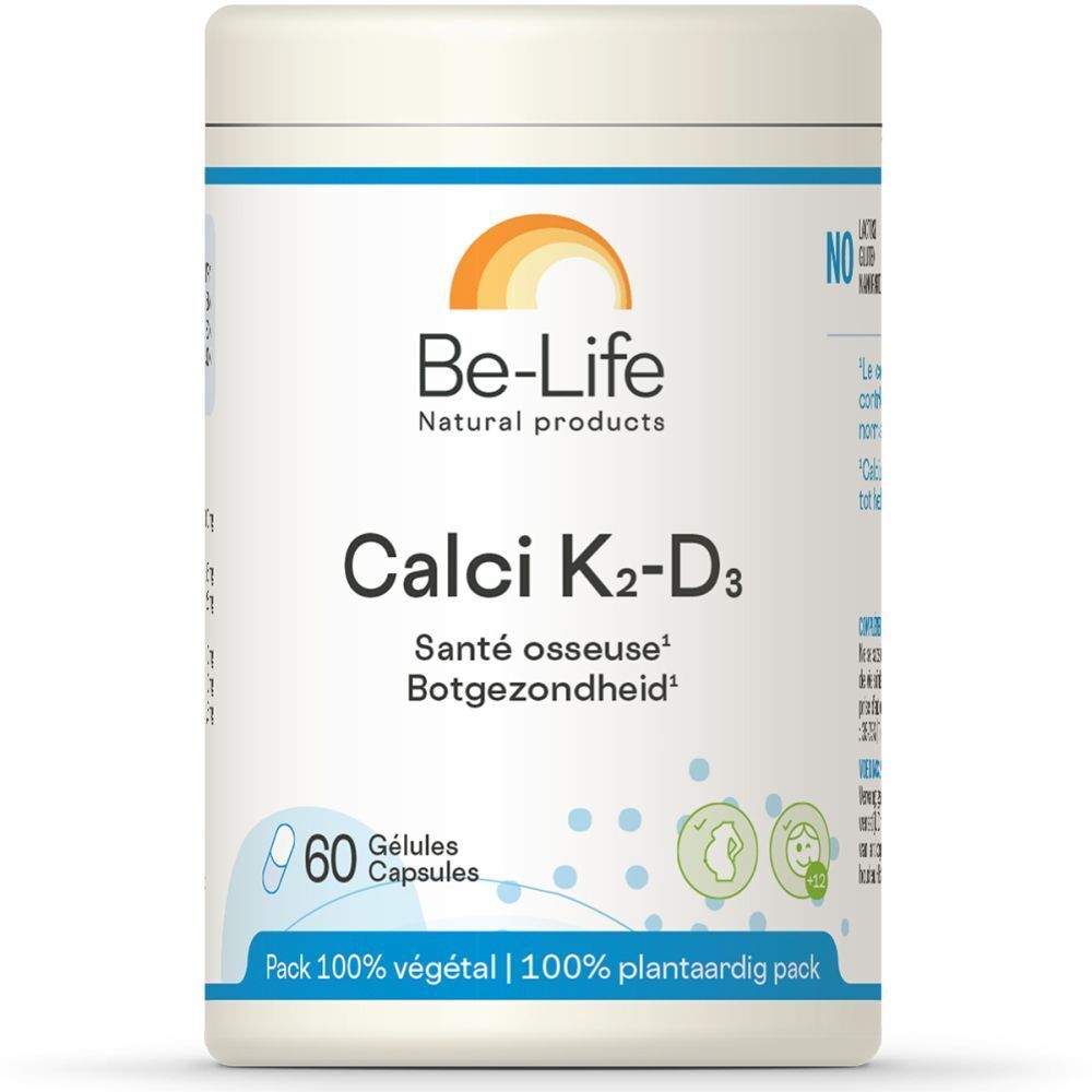 Boîte cylindrique 'Be-Life Calci K2-D3'. Contient 60 gélules. Inscription: 'Pack 100% végétal'.