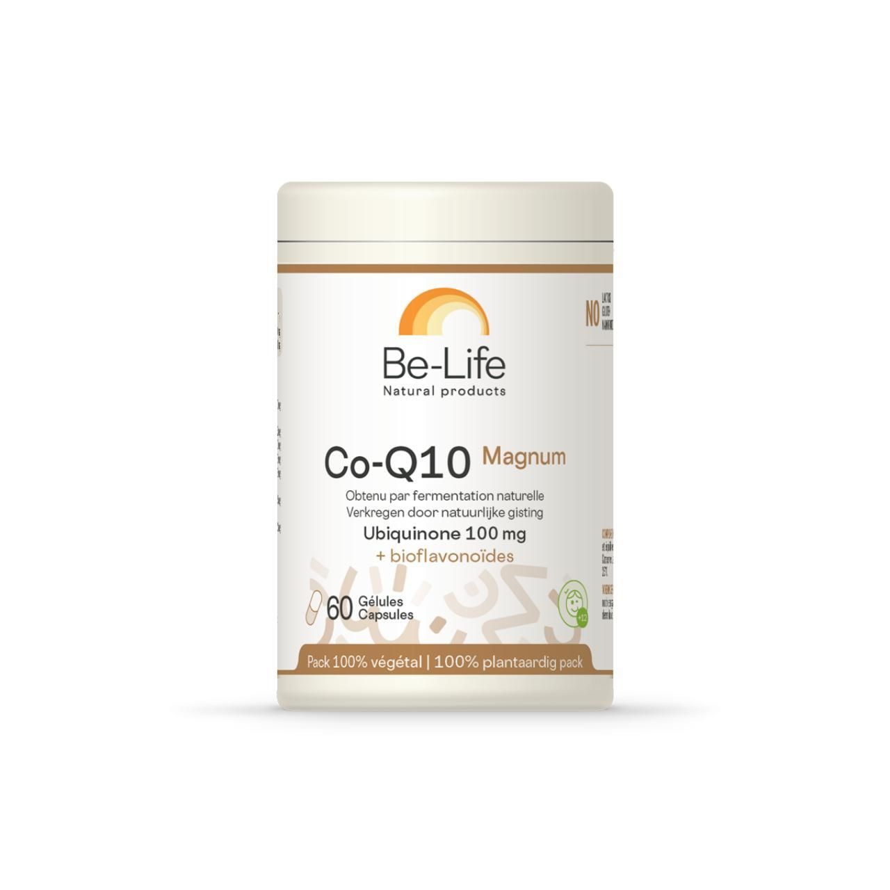 Pot met capsules. Opschrift: Co-Q10 Magnum, Ubiquinone 100 mg, 60 capsules. Merk: Be-Life.
