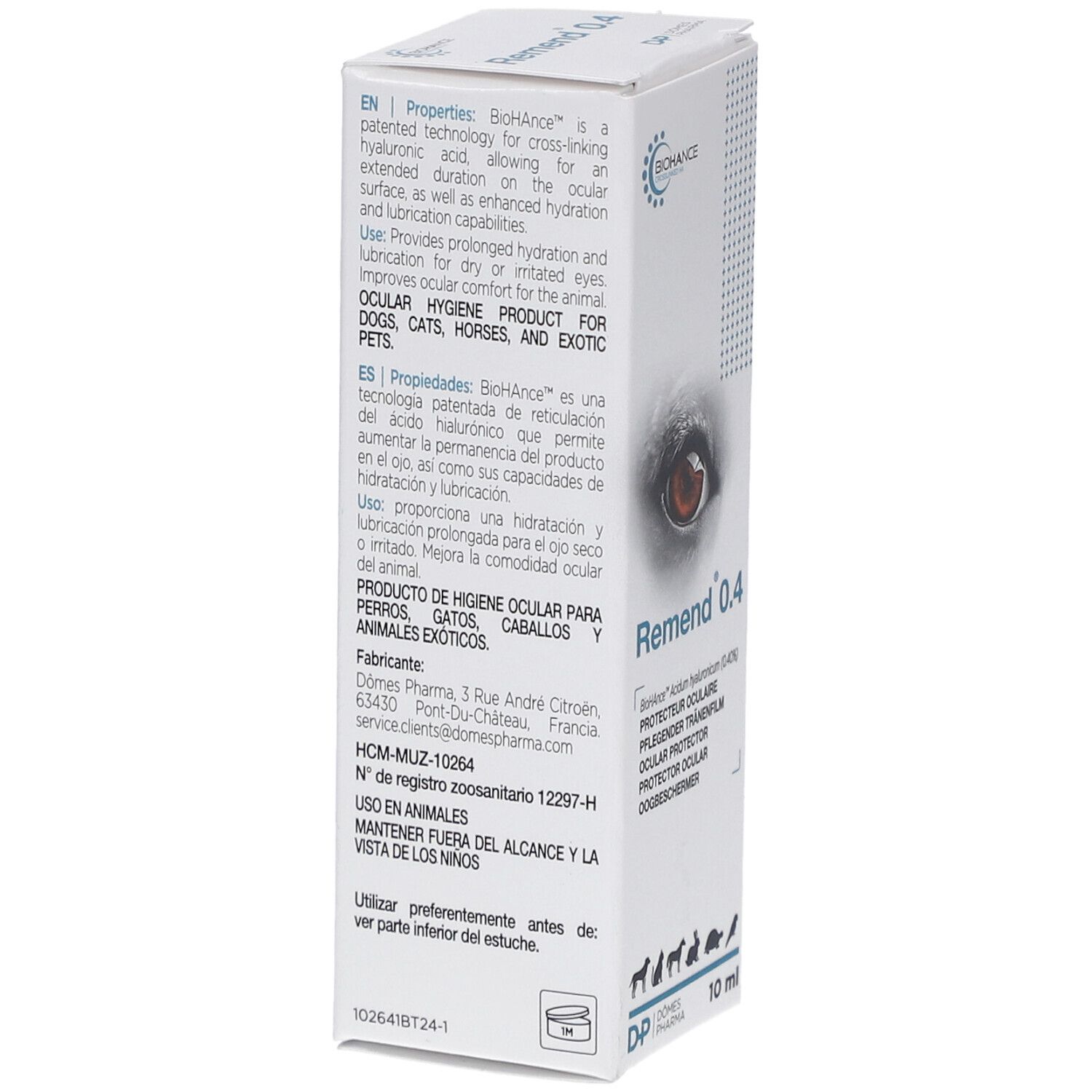 Weiße Verpackung mit Produktinformationen. Text in Englisch, Spanisch, Deutsch und Niederländisch. 10 ml. Logos BICHANCE und Dômes Pharma.