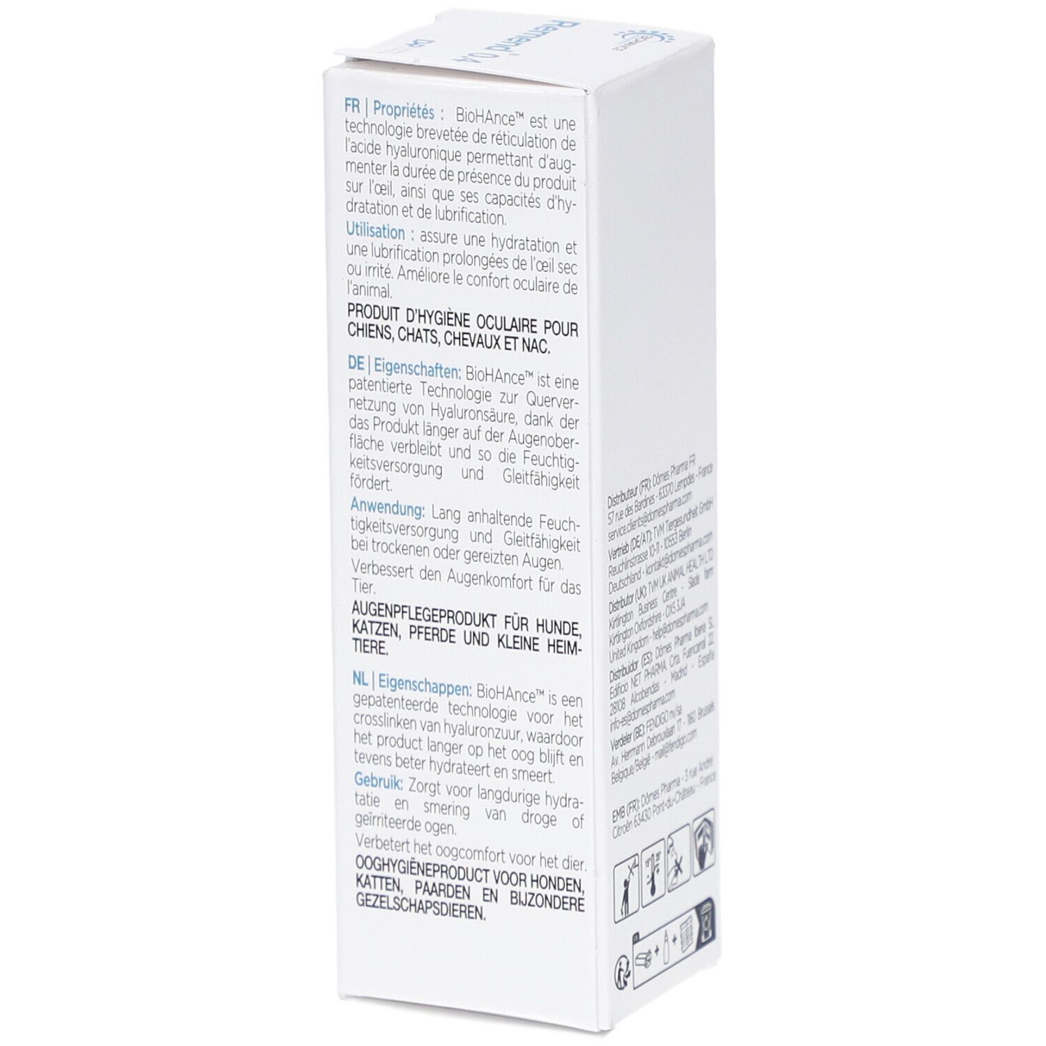 Weiße Verpackung mit Produktinformationen. Text in mehreren Sprachen. Logos von BICHANCE und Dômes Pharma. 10 ml.