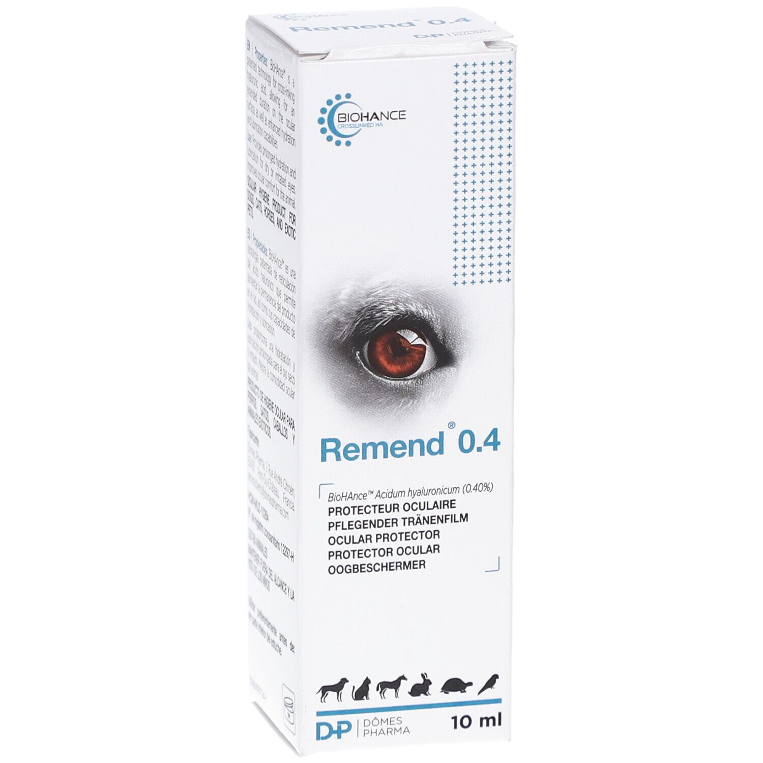 Weiße Verpackung mit Produktnamen Remend 0.4. Aufdrucke in mehreren Sprachen. 10 ml. Logo von BICHANCE und Dômes Pharma.