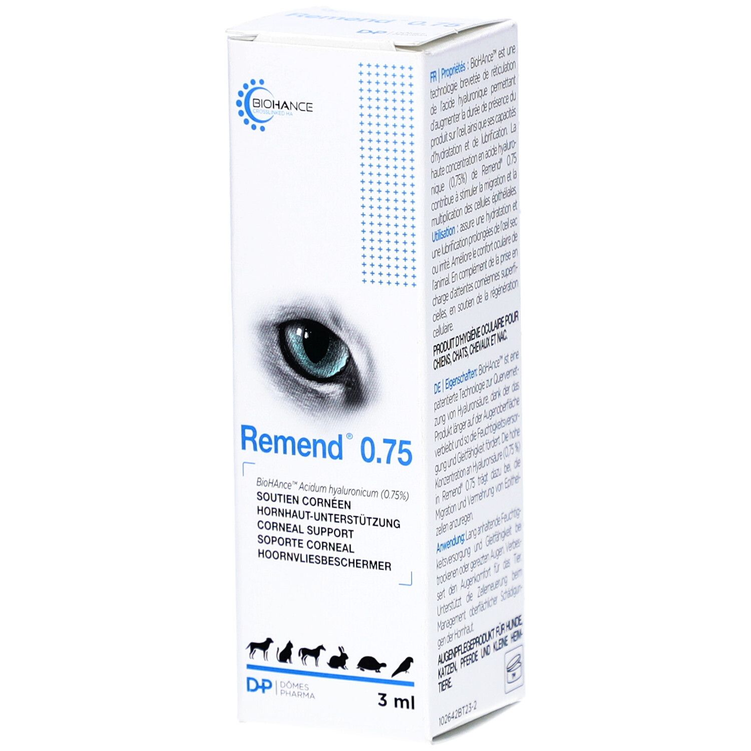 Weißer Karton mit Produktnamen Remend 0.75. Logo und Augenabbildung. Text in mehreren Sprachen.