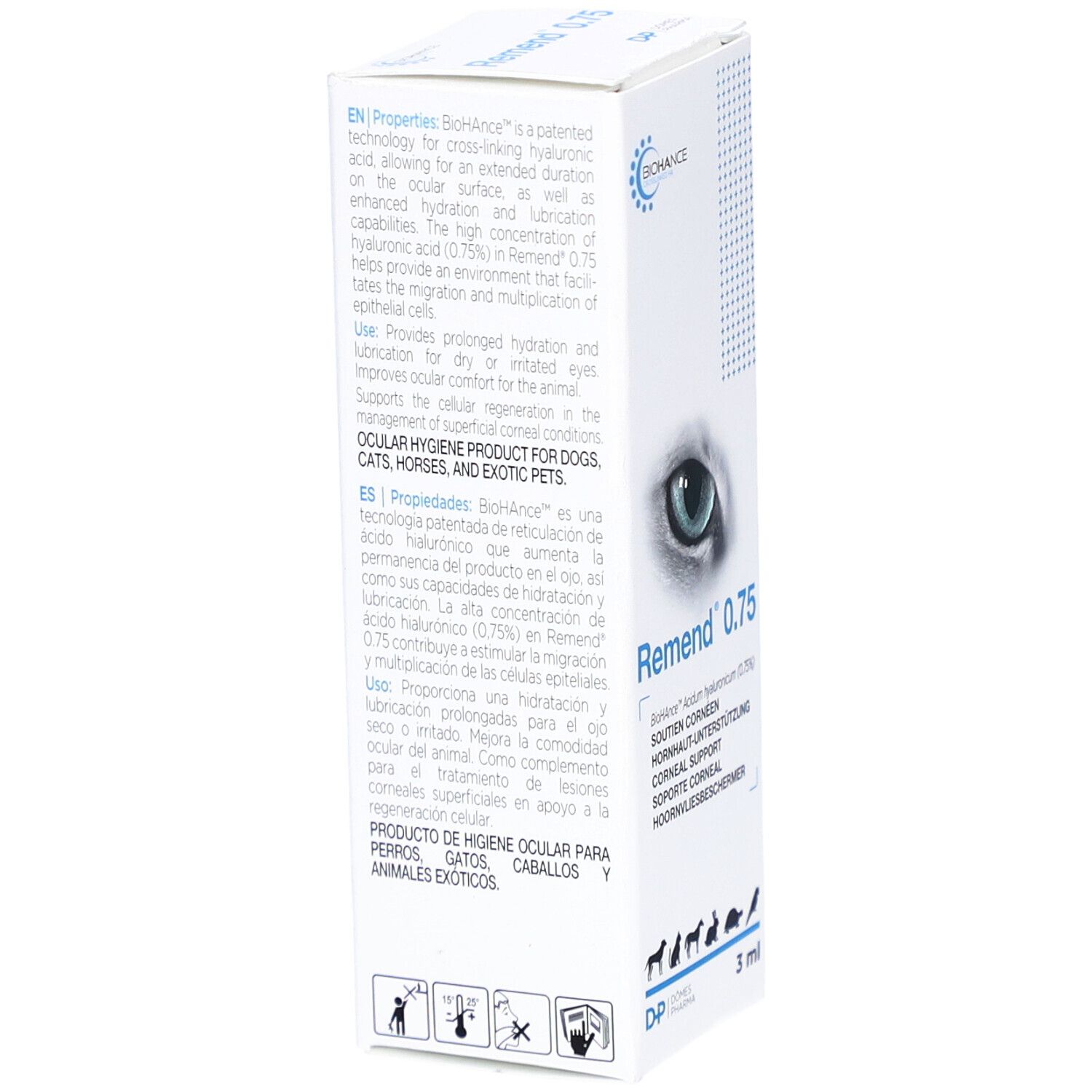 Weiße Verpackung mit Remend 0.75. Logo und Augenabbildung. Text in mehreren Sprachen. Produkt für Tiere.