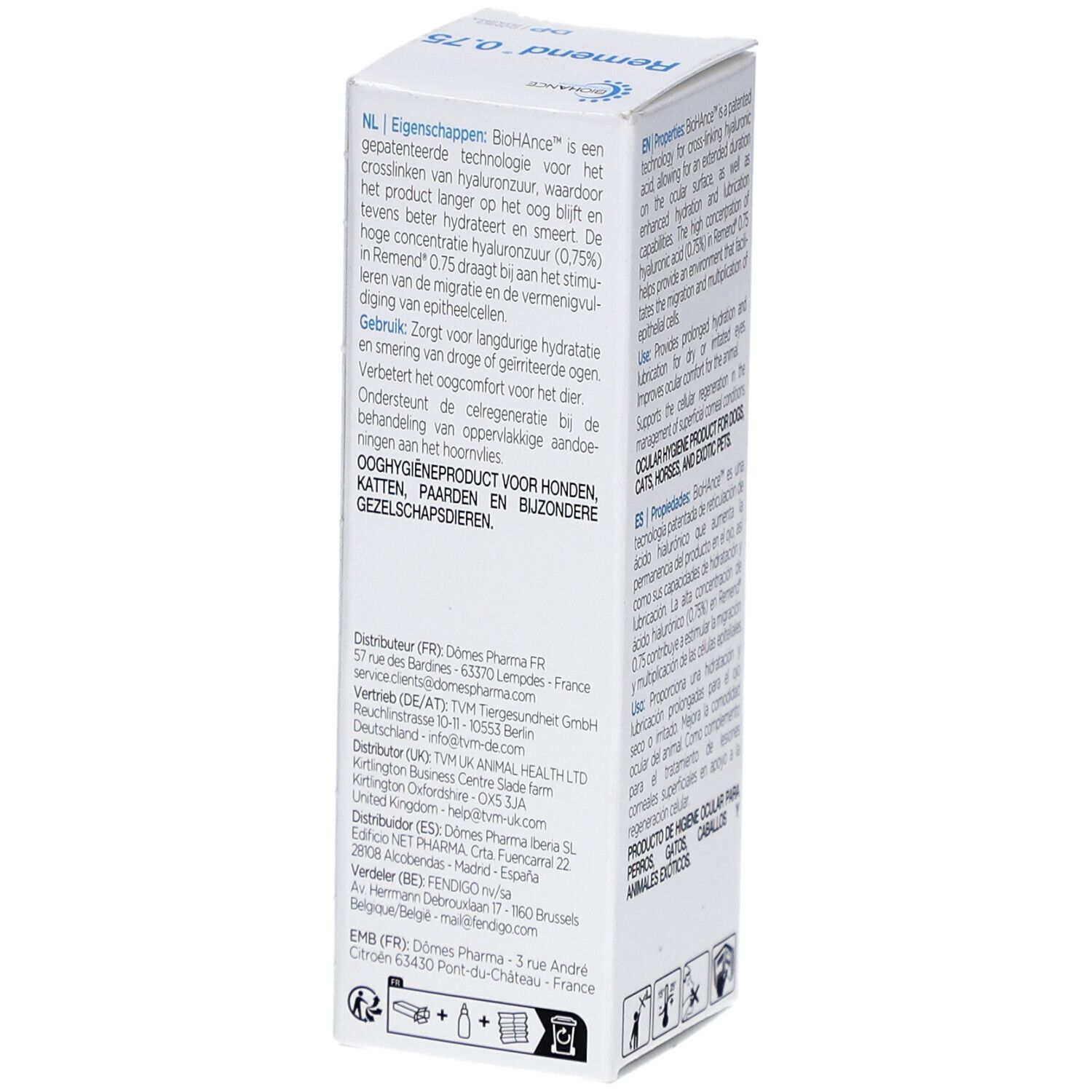 Weiße Verpackung mit Text. Produktname Remend 0.75. Text in mehreren Sprachen. Herstellerinformationen.