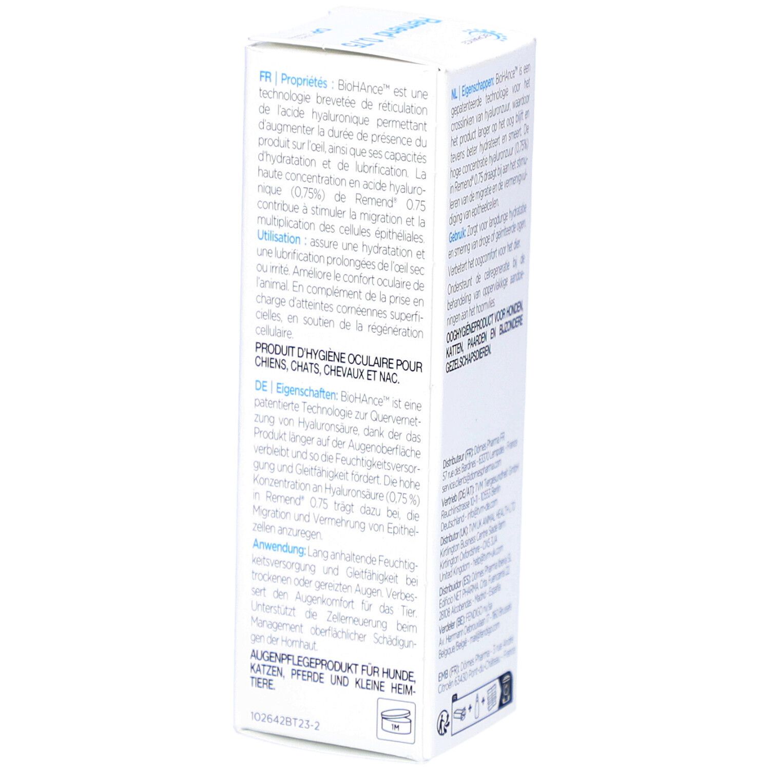 Weiße Verpackung mit Text. Produktname Remend 0.75. Text in mehreren Sprachen. Herstellerinformationen.