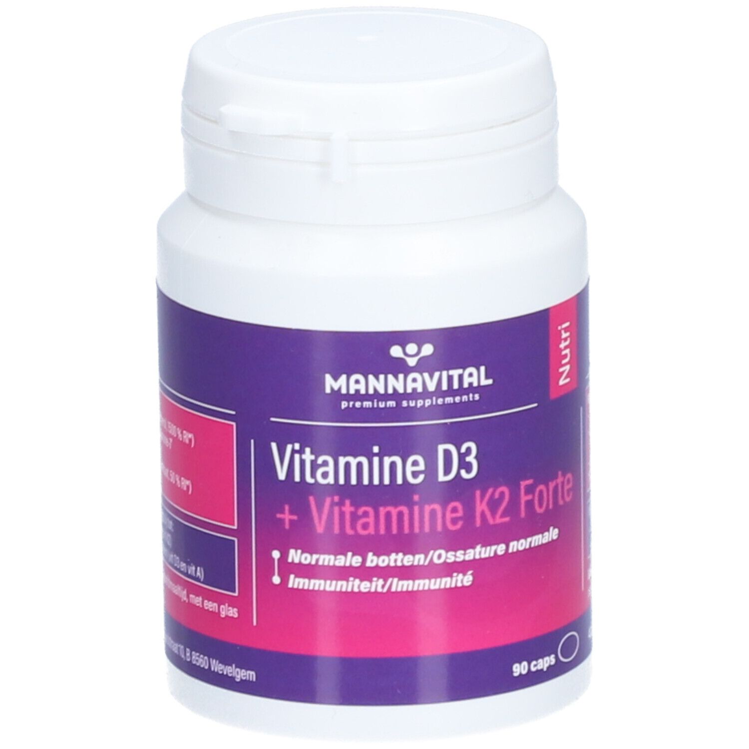 Witte fles met paars etiket. Opschrift: Mannavital Vitamine D3 + K2 Forte. 90 capsules.